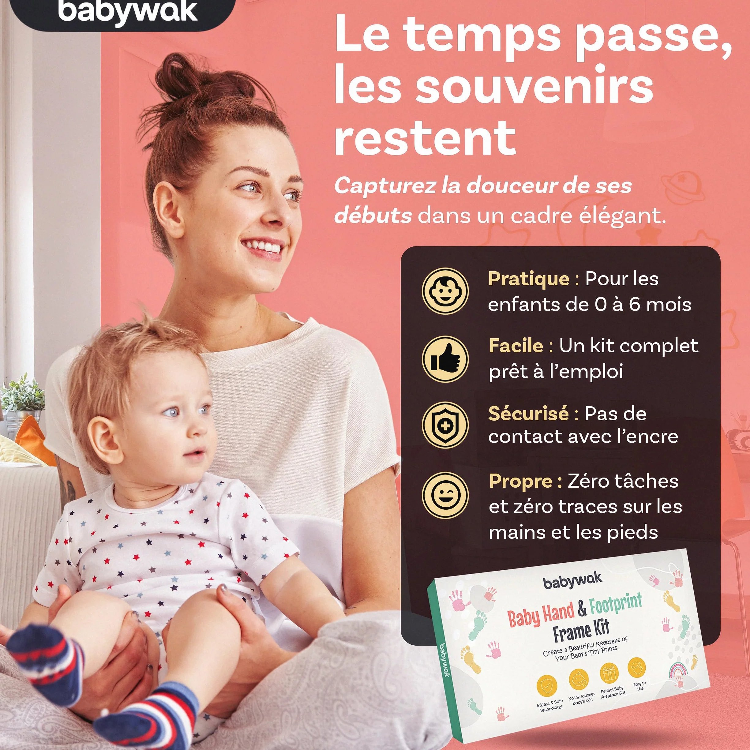 Kit Empreinte Bébé sans Encre avec Cadre Photo en Bois – Cadeau Naissance Baby Shower – Souvenir Nouveau-né 0-6 Mois