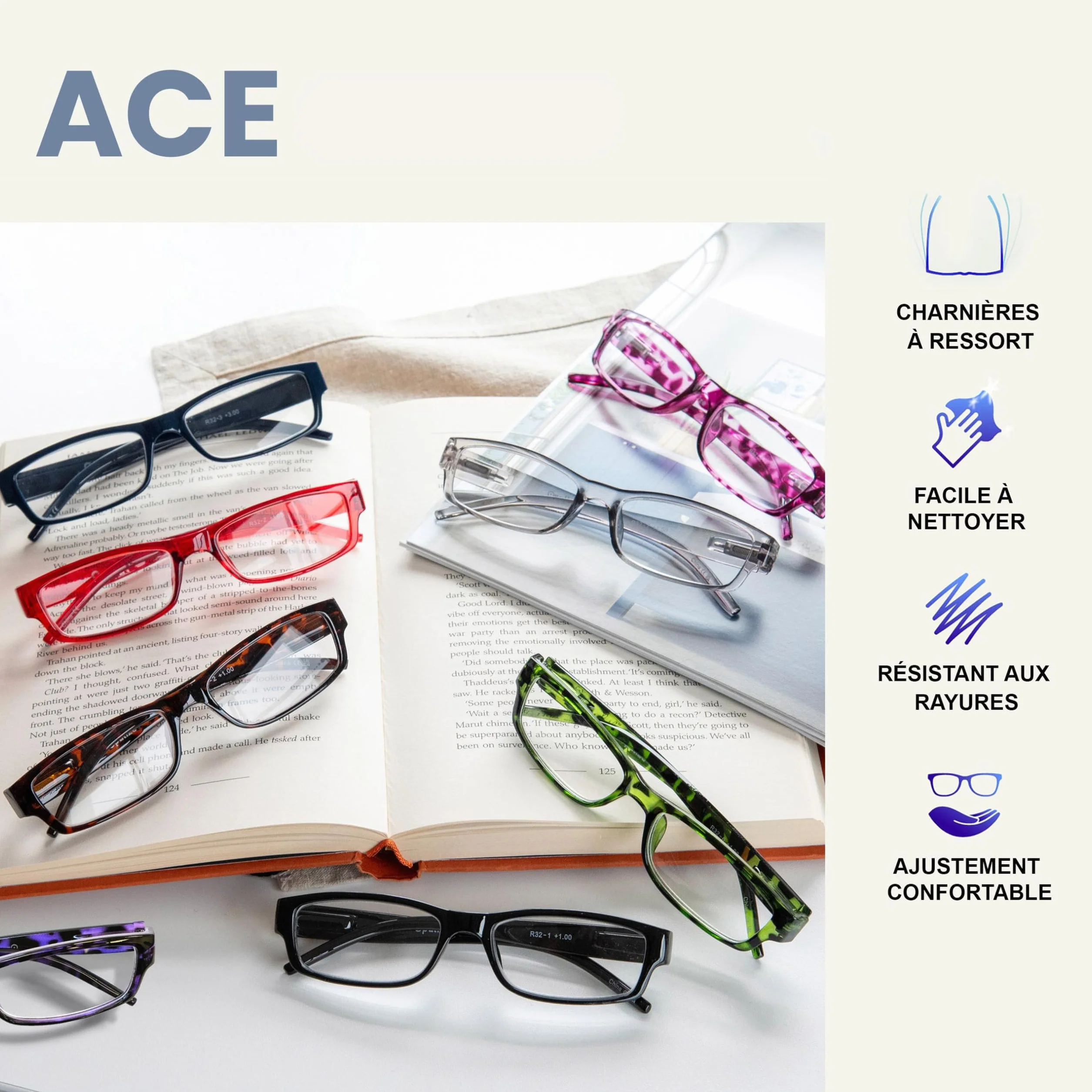 OPULIZE ACE Lunettes de Lecture Lot de 5 +2.50 Monture Étroite Bleu Rose Violet Vert Rouge