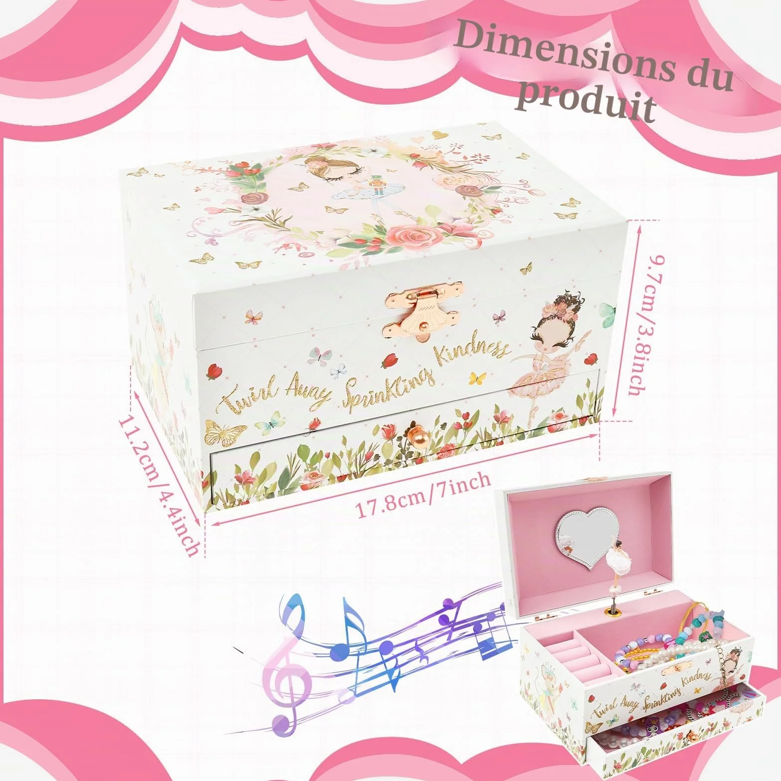Boîte à bijoux musicale pour enfants petite princesse tournante 17,8 x 11,2 x 9,7 cm