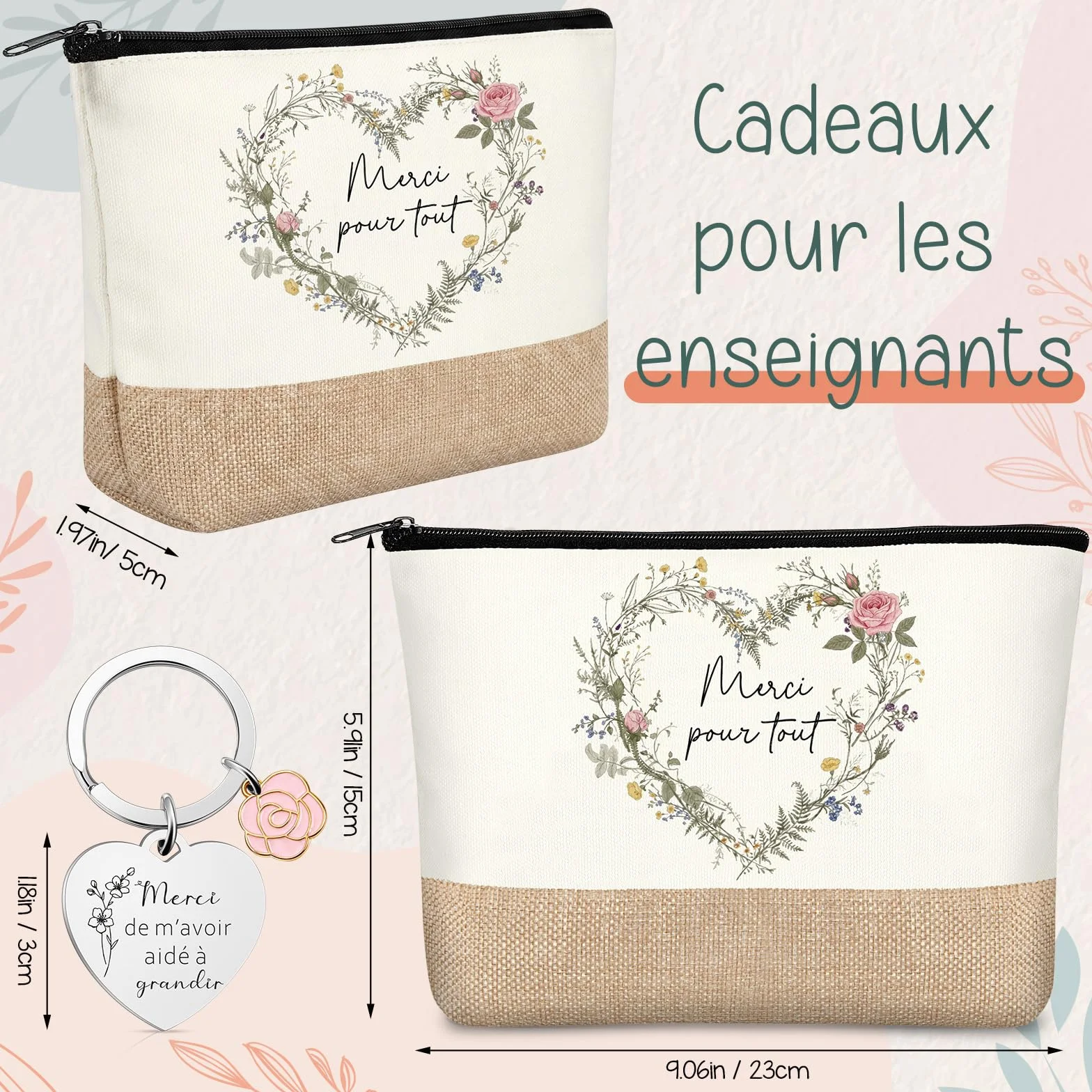 Coffret Cadeau Merci Maitresse avec Porte Clef et Trousse de Maquillage sur Toile Cadeau Enseignants Fin d'Études