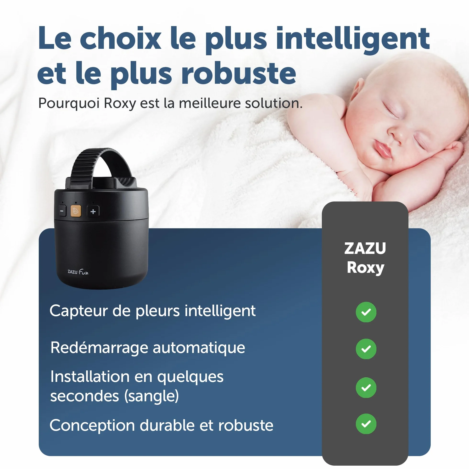 ZAZU Roxy Baby Rocker – Balançoire électrique avec capteur de pleurs, arrêt automatique 40 min, rechargeable USB