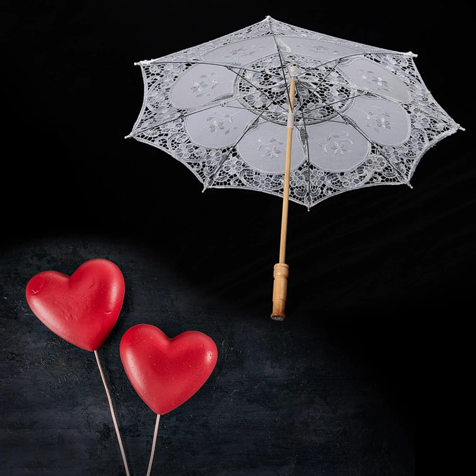Parapluie de Mariée en Dentelle avec Manche en Bois, Broderie Fleurs Faite à la Main (L)