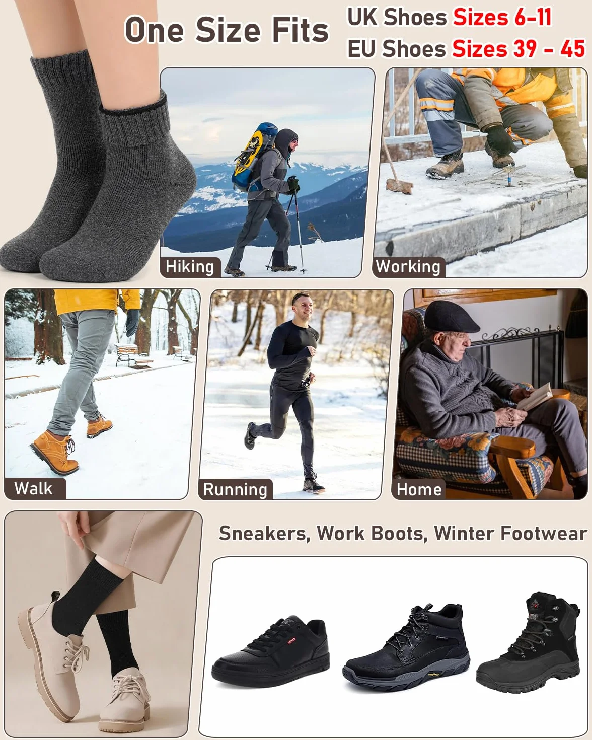 Chaussettes Chaudes Homme Laine Merinos Hiver Épaisses Thermiques Ski Course Randonnée Taille Eu 39-46