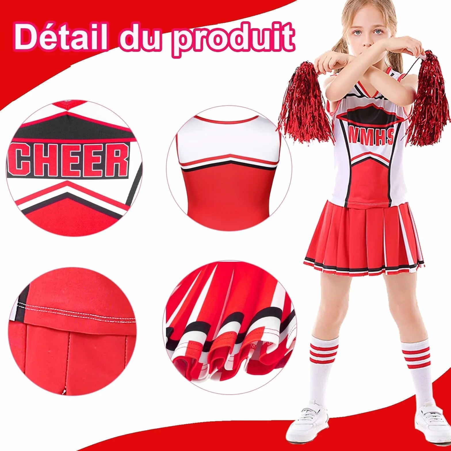 Déguisement Cheerleader Pompom Girl Fille 6-12 Ans avec Pompons Halloween Carnaval
