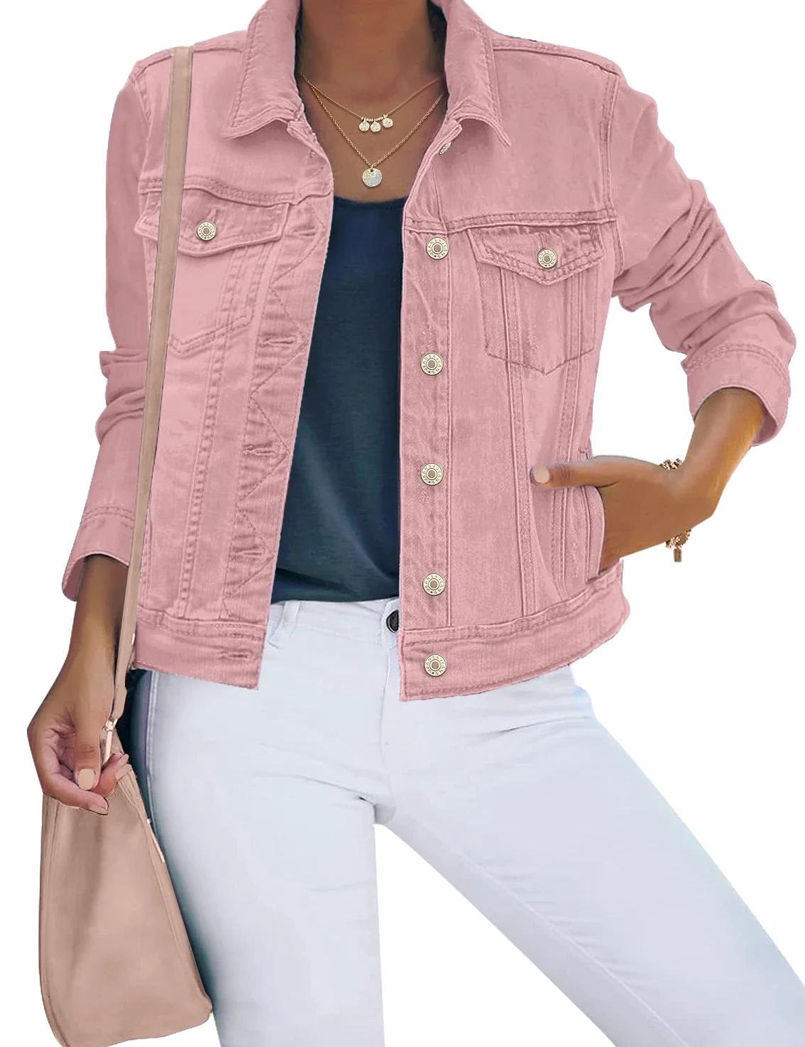 Roskiky Veste en jean, extensible, style camionneur, à manches longues, avec poche, pour femme