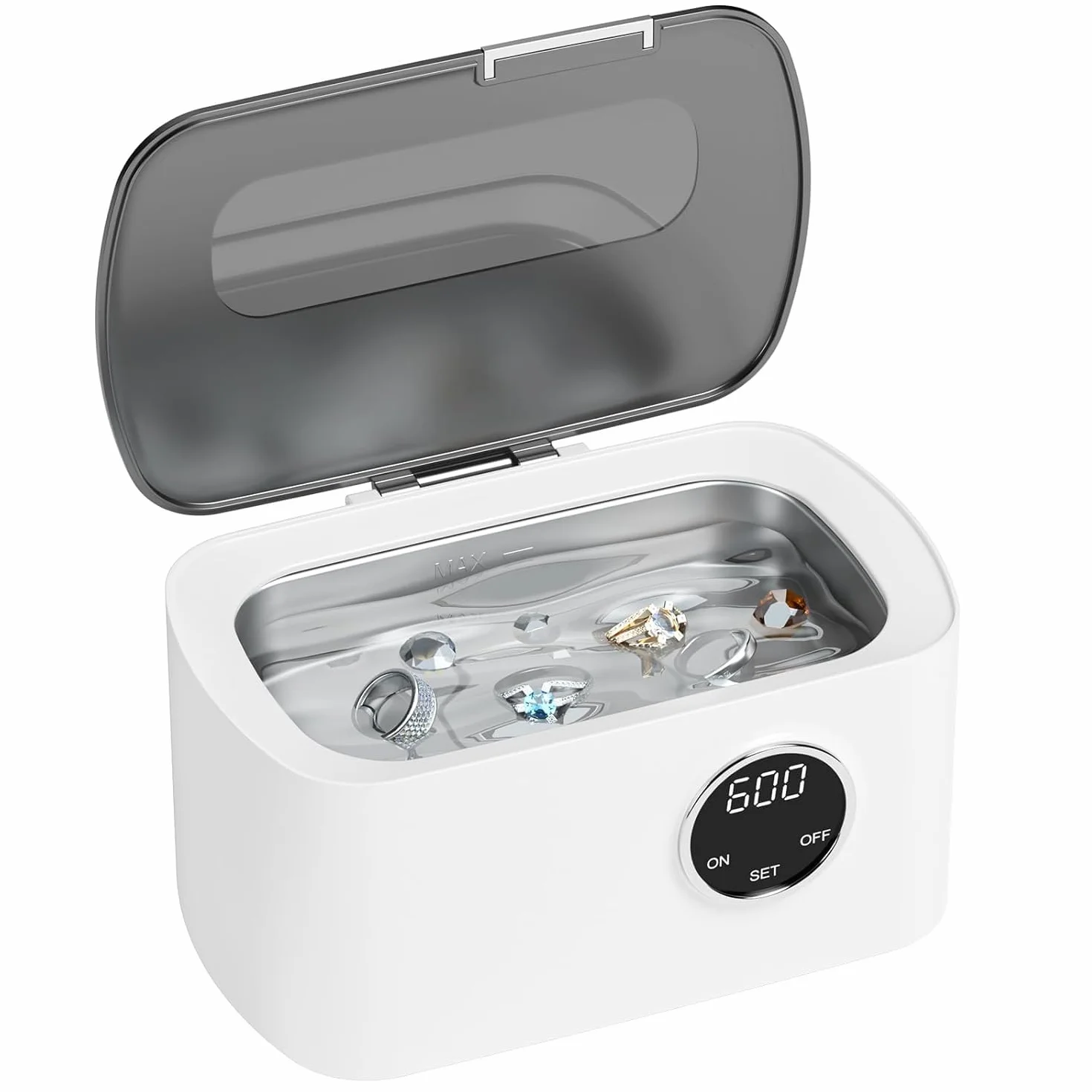 Nettoyeur Ultrasons 600ML 43kHz, Nettoyant Ultrason Bijoux avec Panier et Support