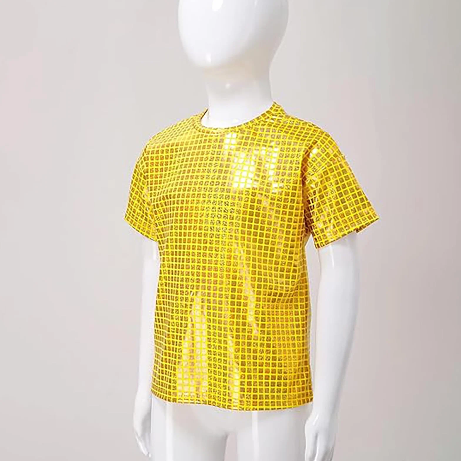 T-Shirt Métallique Manches Courtes Enfant Fille Garçon Haut Danse Paillettes Costume Moderne Jazz Hip-hop Disco Carnaval 2-16 Ans