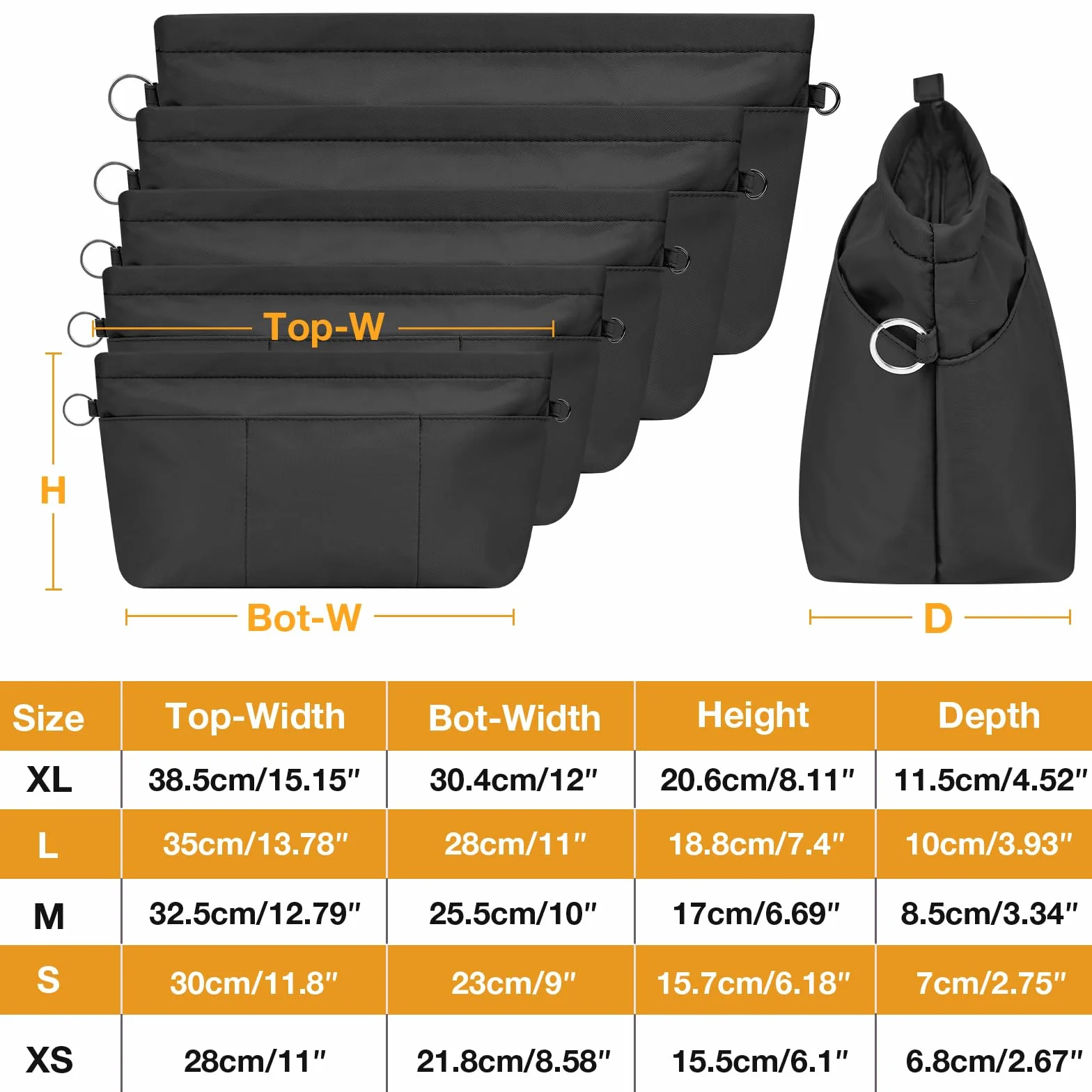 Organiseur de Sac à Main en Nylon Imperméable avec Fermeture éclair Noir Petit