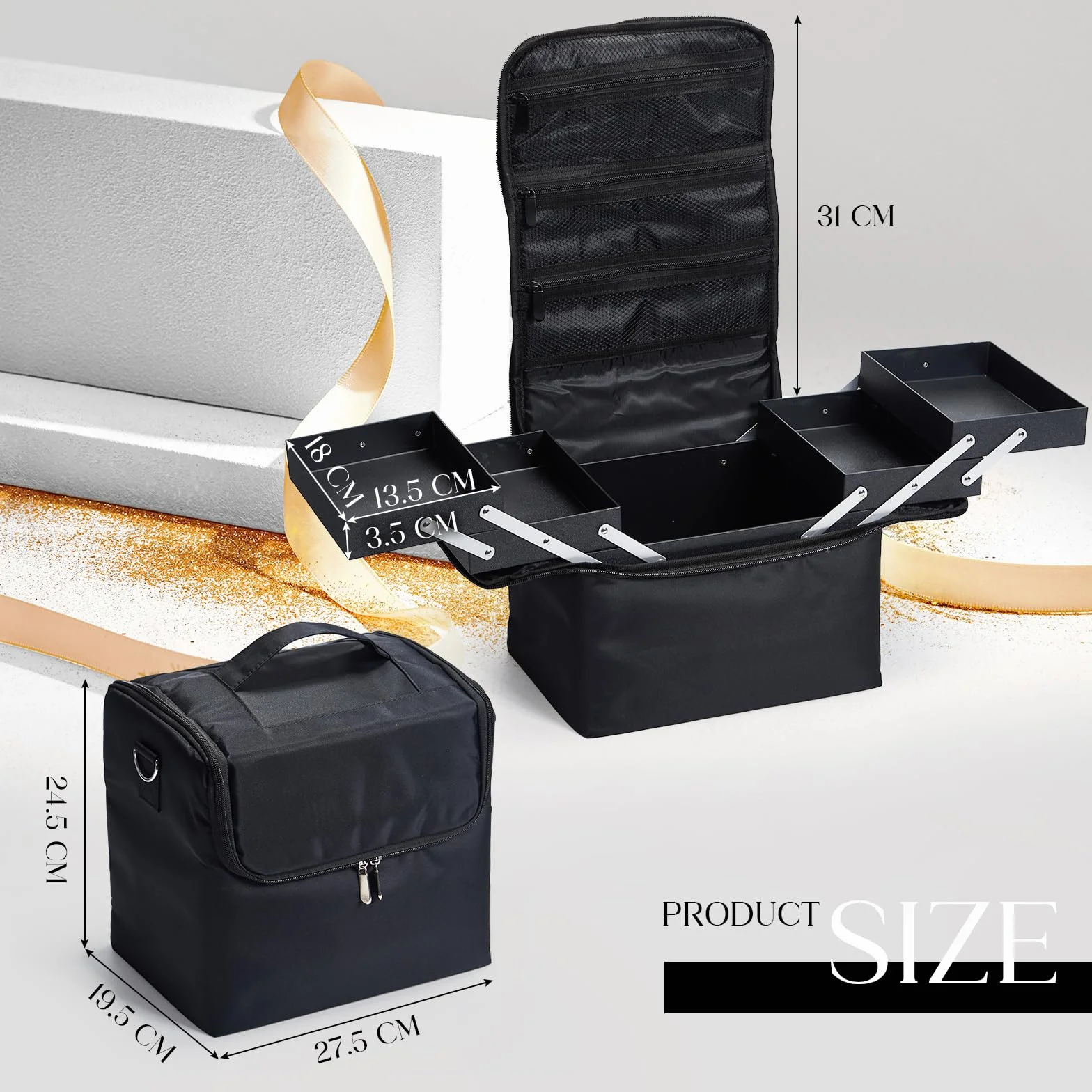 Mallette Maquillage Professionnelle avec Bandoulière, Noir, Vanity Case de Voyage