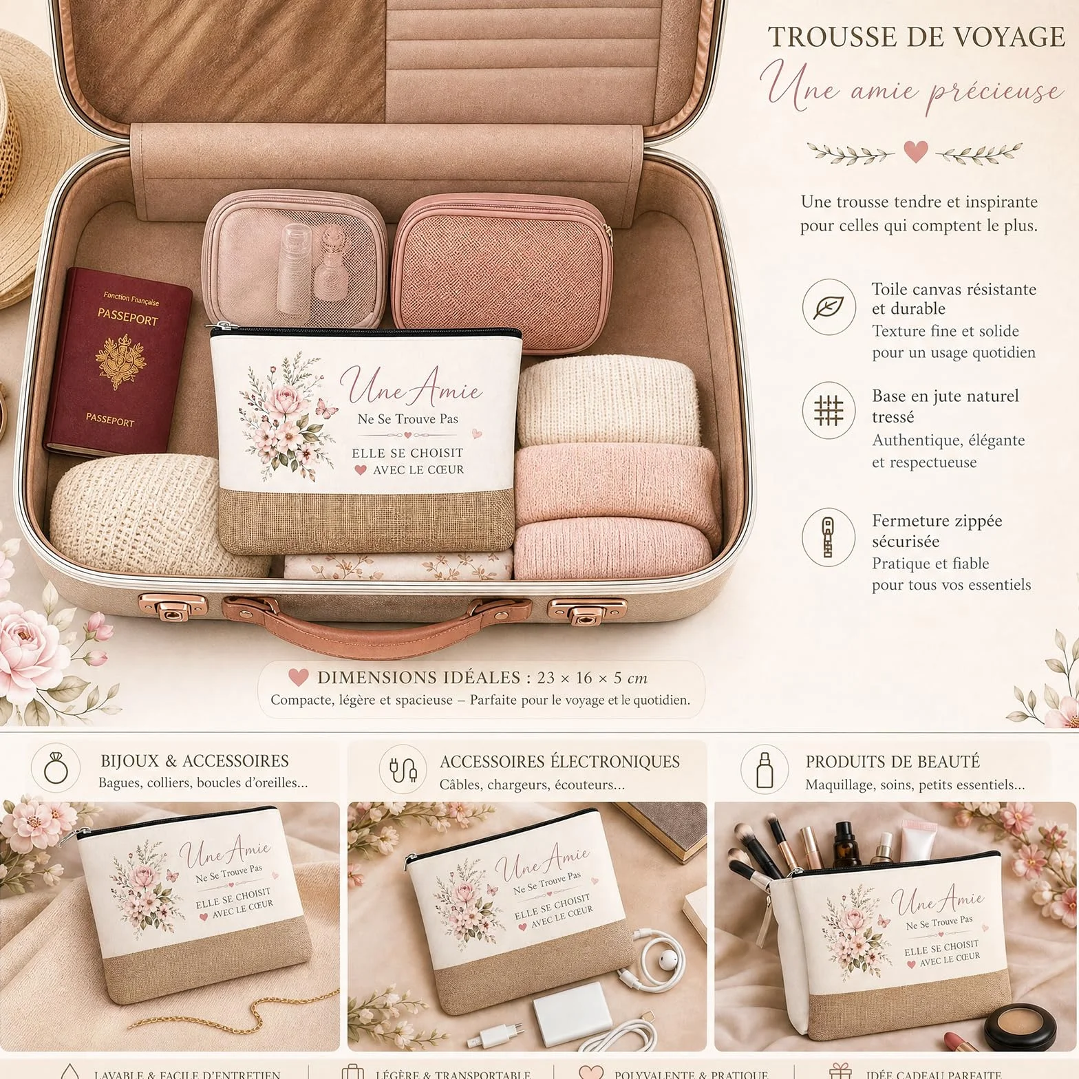 Trousse de Maquillage et Porte Clés 2 Pièces Cadeau Amie Femme Pochette Voyage avec Message Amitié