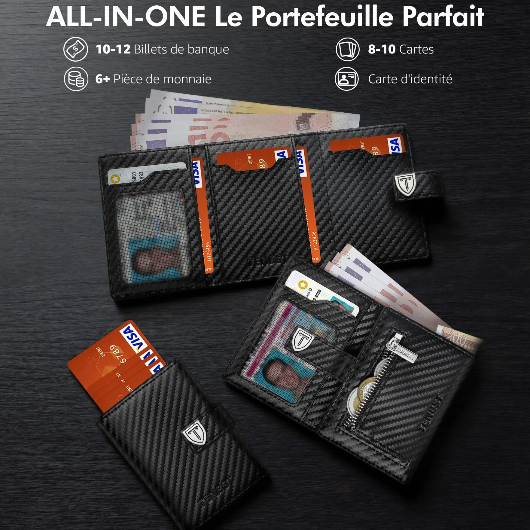 TENBST Portefeuille Homme Ultra Fin RFID Protection 10 Cartes Crédit Noir Orange