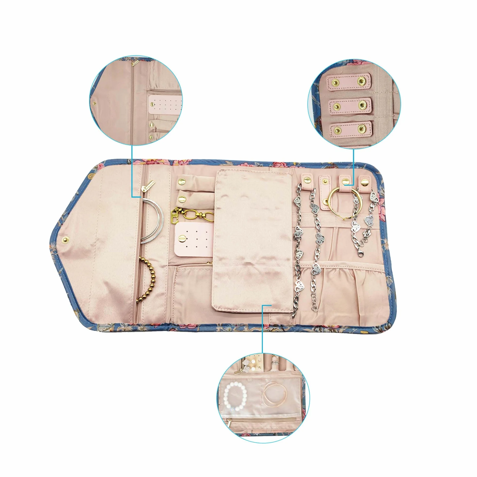 Pochette Rouleaux Bijoux Pliable Organisateur Rangement Bijoux Portable Plusieurs Compartiments Boucles d'Oreilles Colliers Bagues Bracelets (Floral, L)