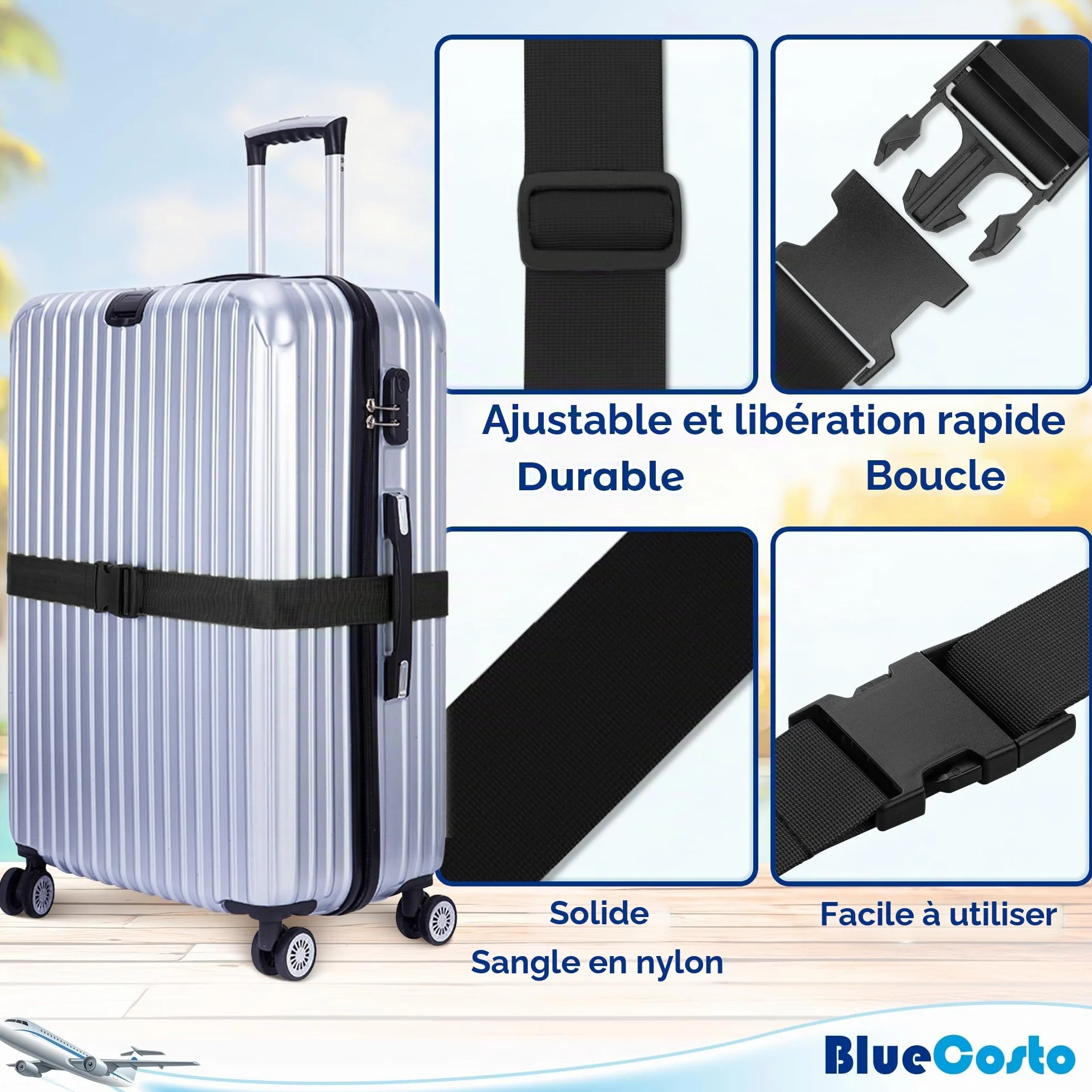 BlueCosto Cinghie per Bagagli in Nylon 4 Pezzi - Cinture per Valigie Regolabili 1-2 Metri Nero