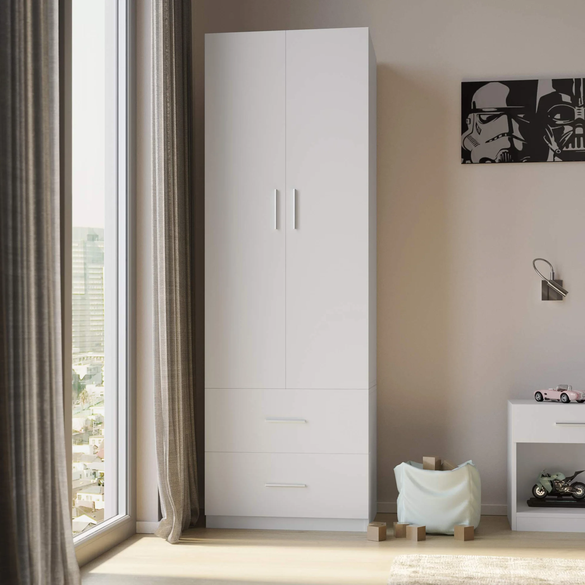 Armoire en bois 2 portes 2 tiroirs pour chambre d'enfant Blanc