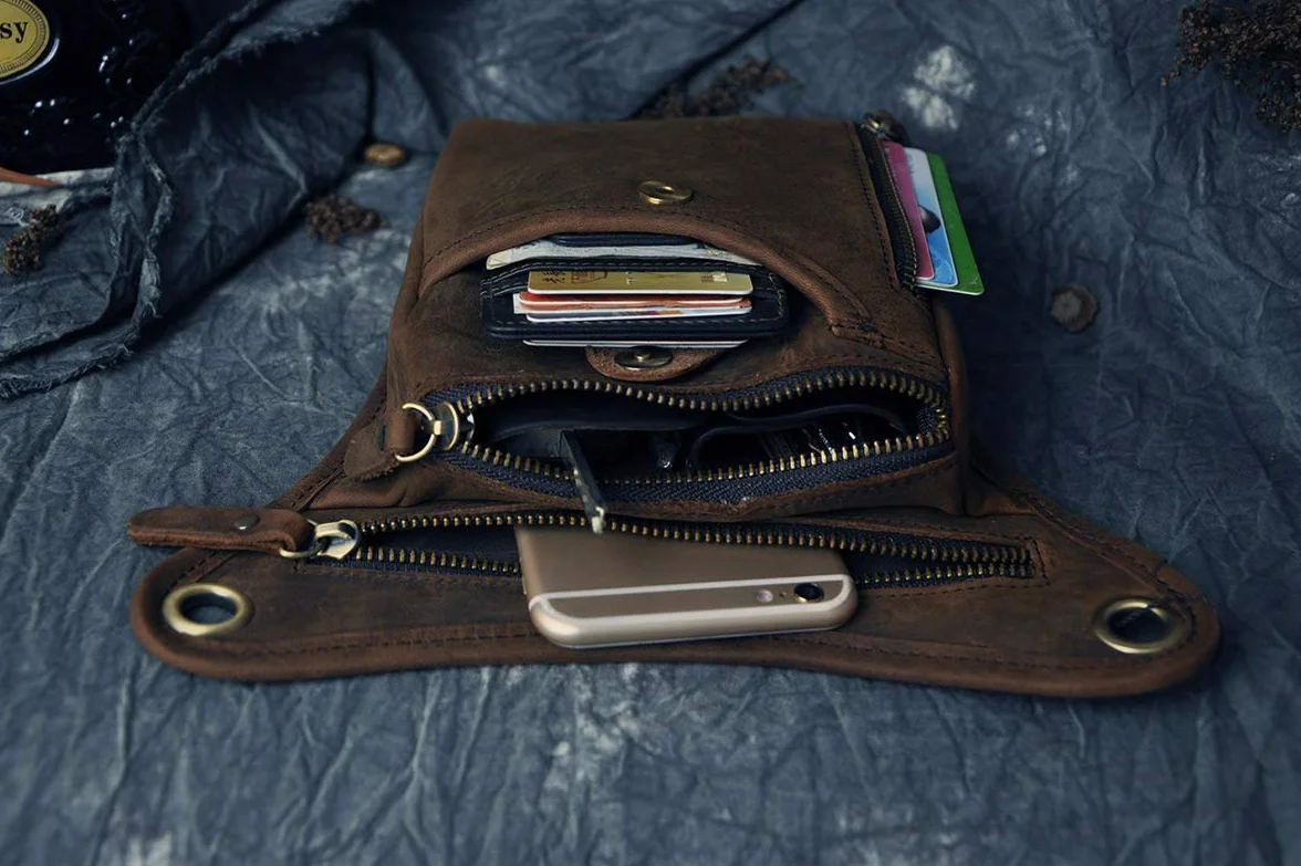 Le'aokuu Sac pour Jambes Moto en Cuir Véritable Bandoulière de Cuisse Marron Foncé