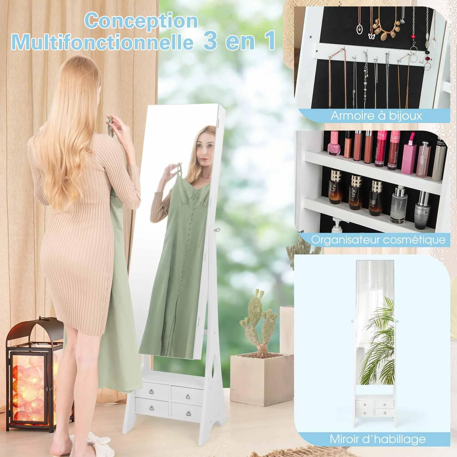 COSTWAY Armoire à Bijoux avec Miroir Pleine Longueur, Lumières LED Intégrées, Étagère de Maquillage Pliable, Blanc