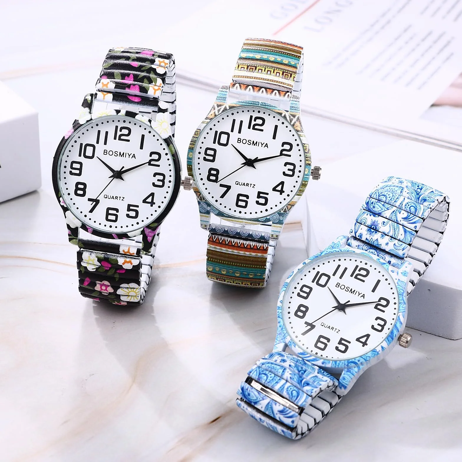 Montre Femme Bohème Extensible Acier Inoxydable Bracelet Élastique Fantaisie Grand Chiffres Arabes