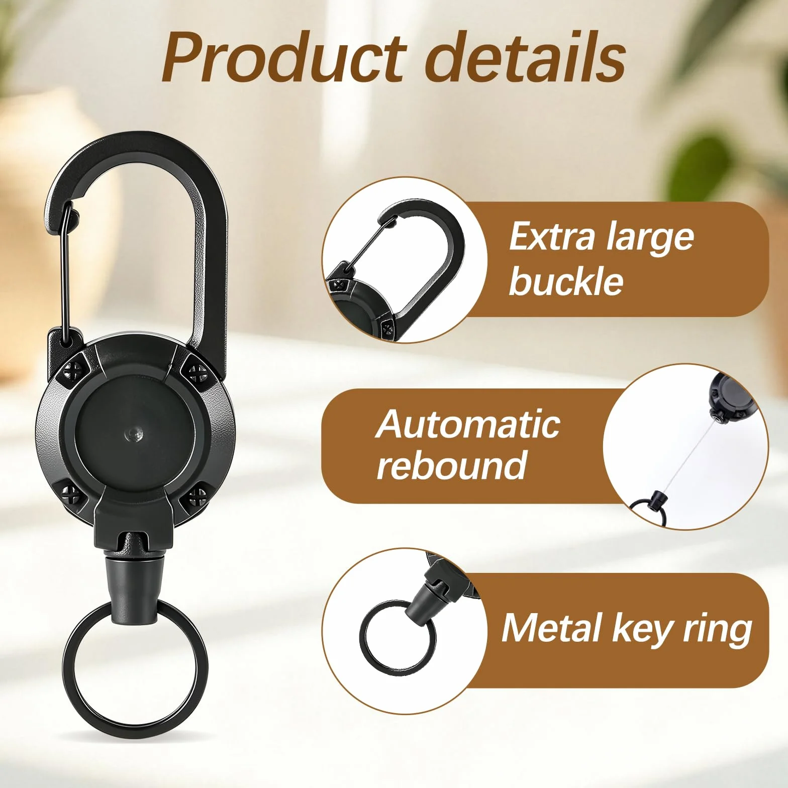 Lot de 4 porte-clés rétractables extensibles avec cordon en acier 60 cm, mousqueton robuste pour porte-badge