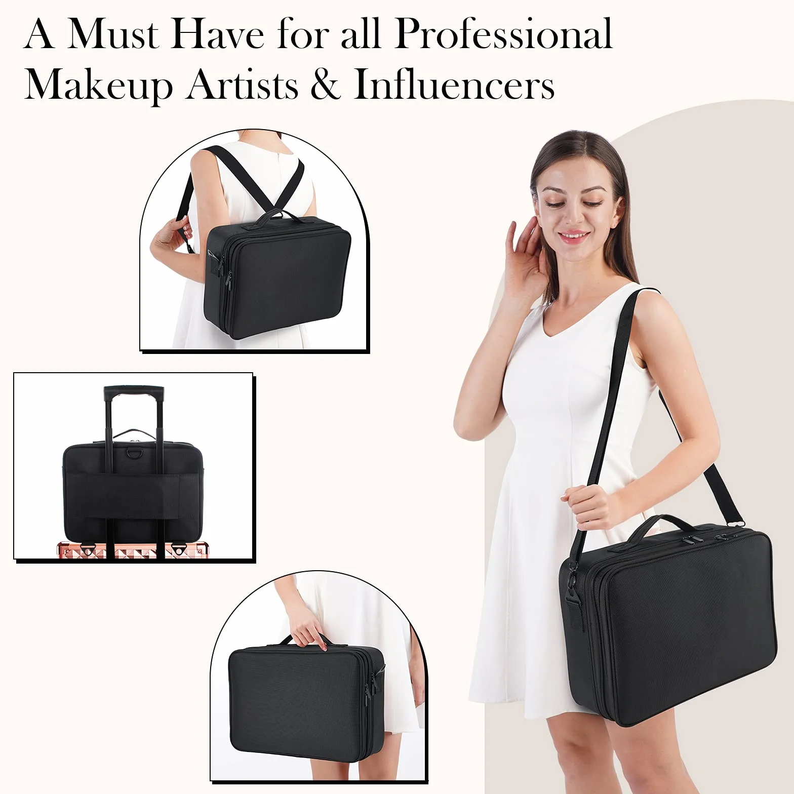 Joligrace Trousse de Maquillage Grande Sac Voyage Oxford Tissu Mallette à Ongles 2 Couches Bandoulière Noir