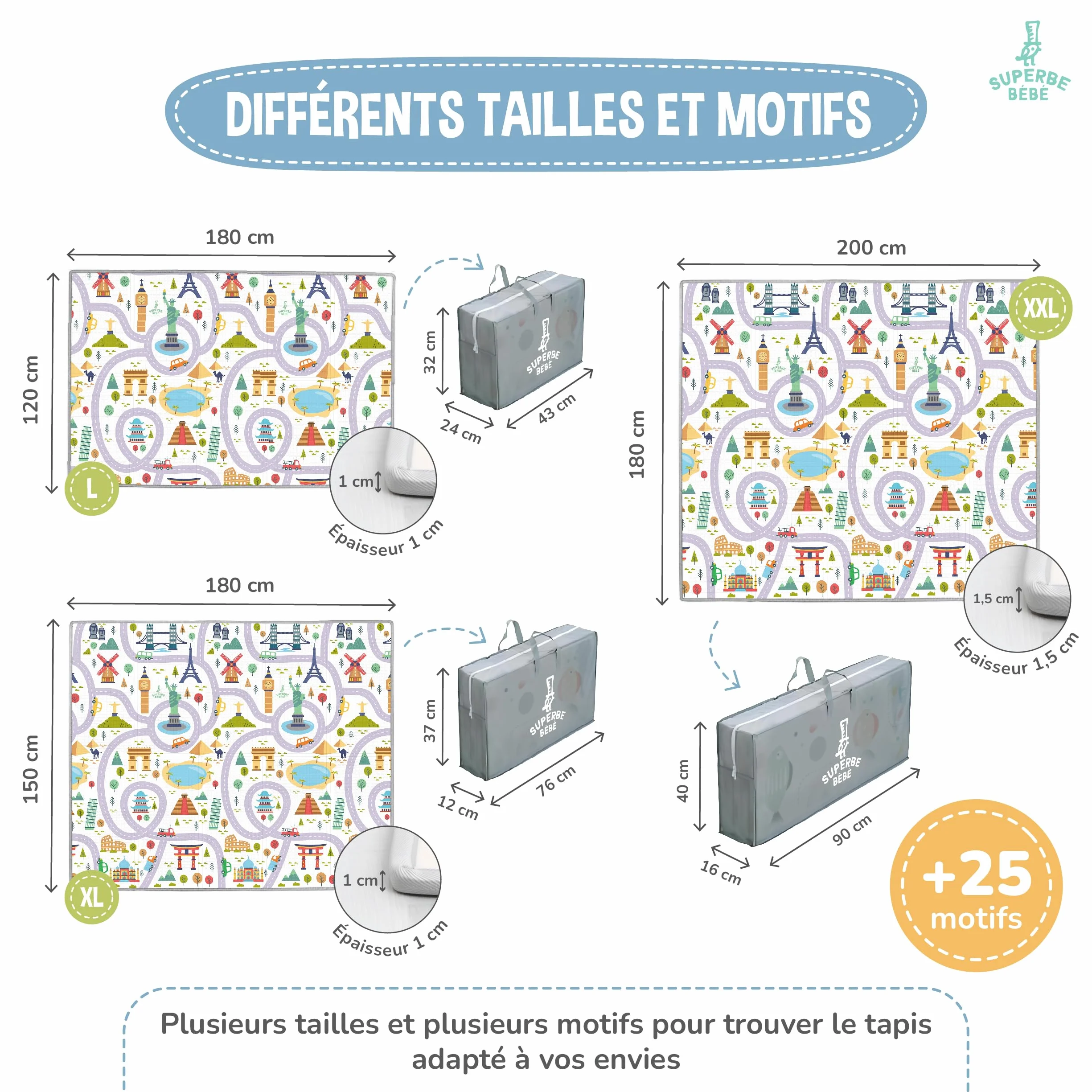 Tapis D'éveil Bébé Pliable Epais Réversible 180x200x1.5cm - Tapis De Jeu XXL En Mousse - Tapis De Motricité Sensoriel
