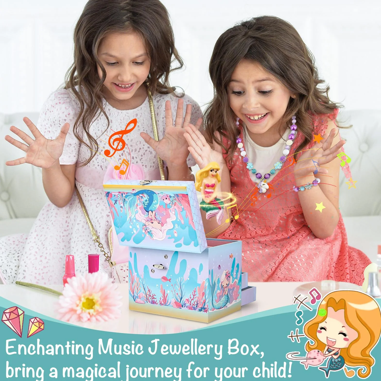 Boîte à Bijoux Musicale Ballerine 2 Tiroirs Sirène Bleue Cadeau Enfants 3-10 Ans