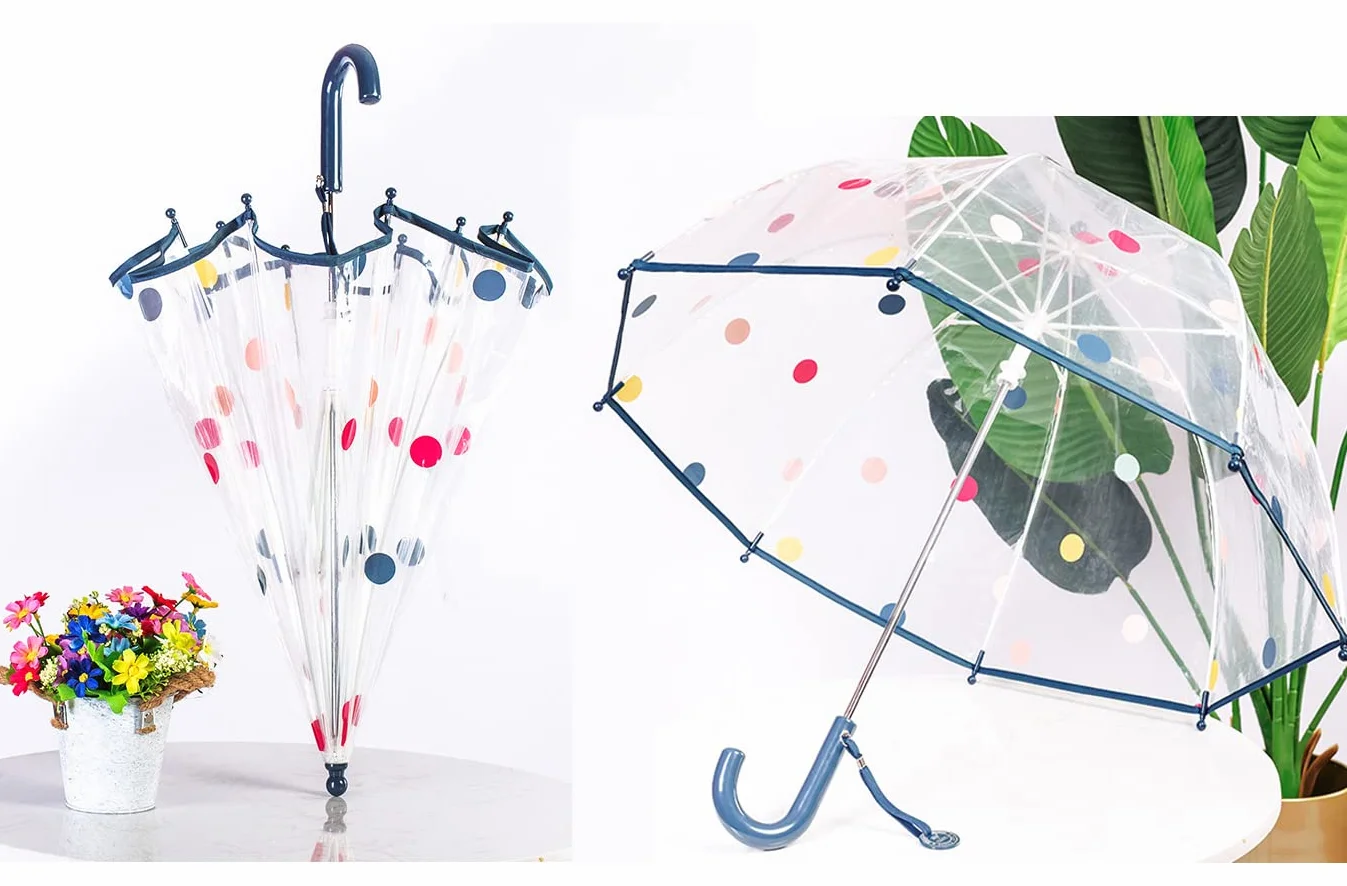 ThreeH Parapluie transparent enfants poignée incurvée plastique incassable 8 nervures manuel joli parapluie à pois garçons filles