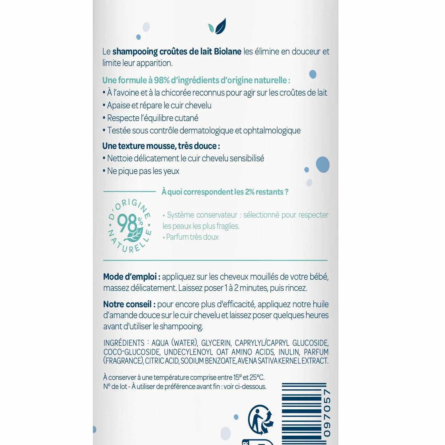 BIOLANE Shampoing bébé Croûtes de lait 150ml 98% Naturel Testé Dermatologiquement