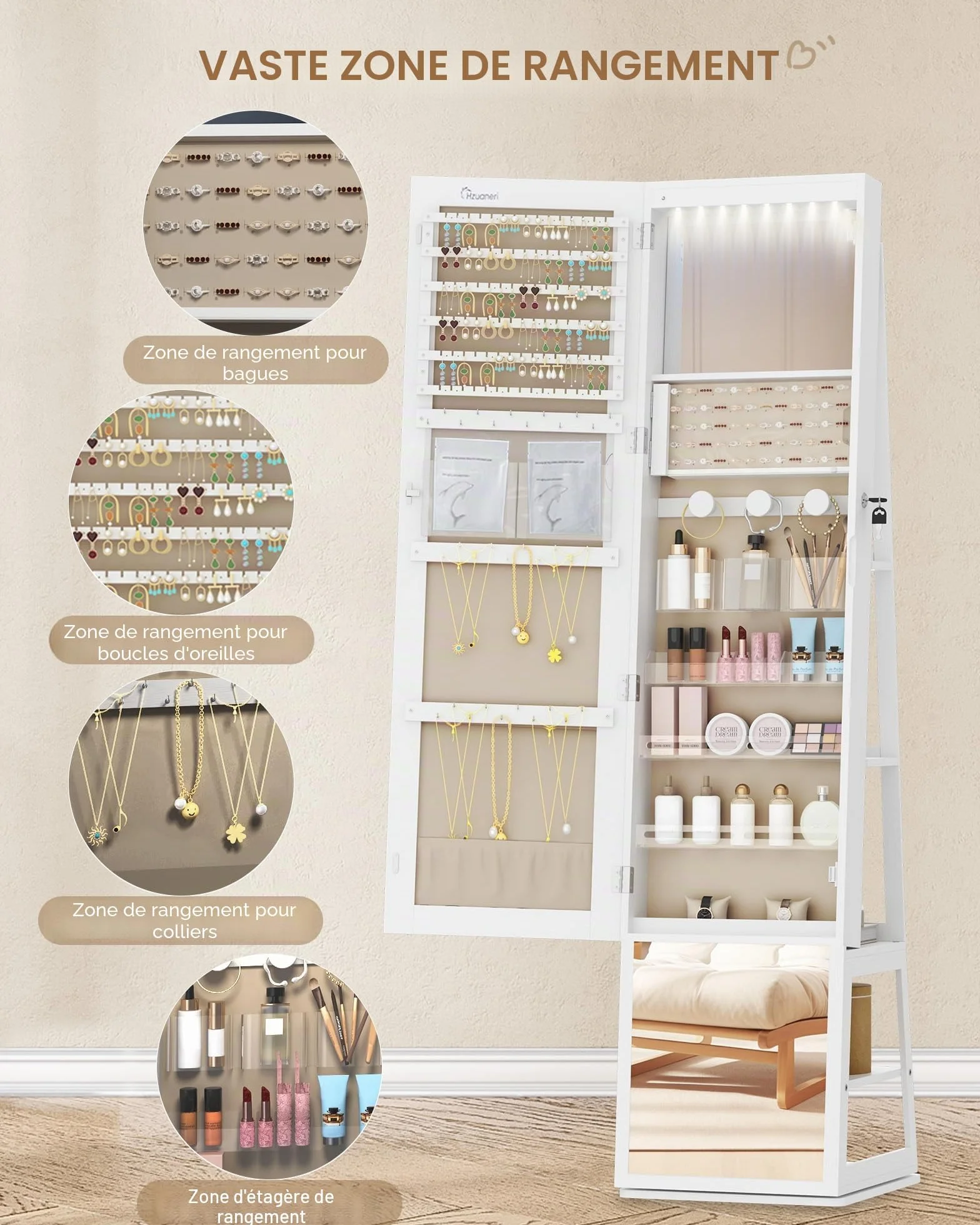 Armoire à bijoux 160cm avec LEDs, base rotative 360°, miroir verrouillable, Blanc et Beige