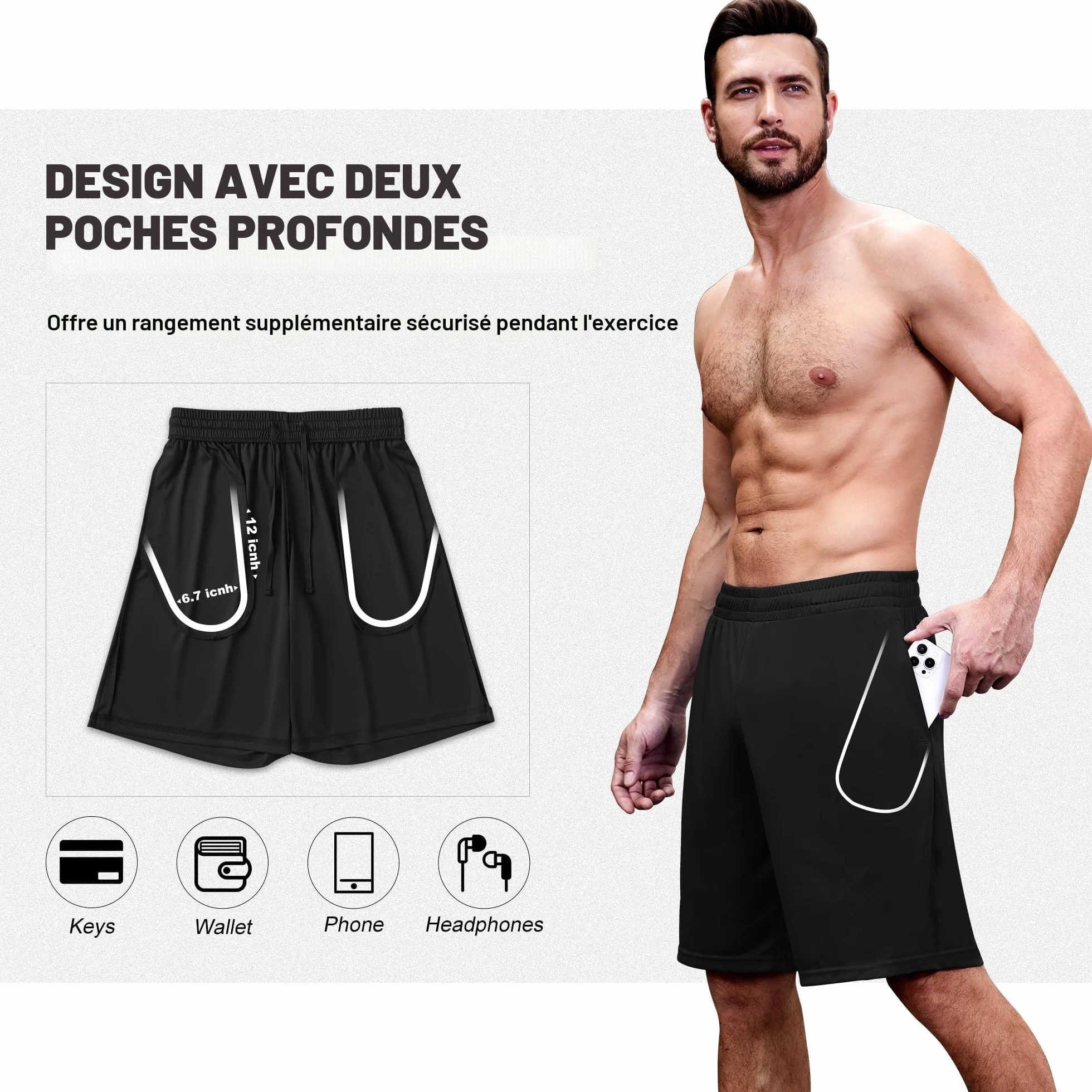Shorts Sport Homme Lot de 5 avec Poches Taille Élastique Séchage Rapide Running Gym Basket-Ball
