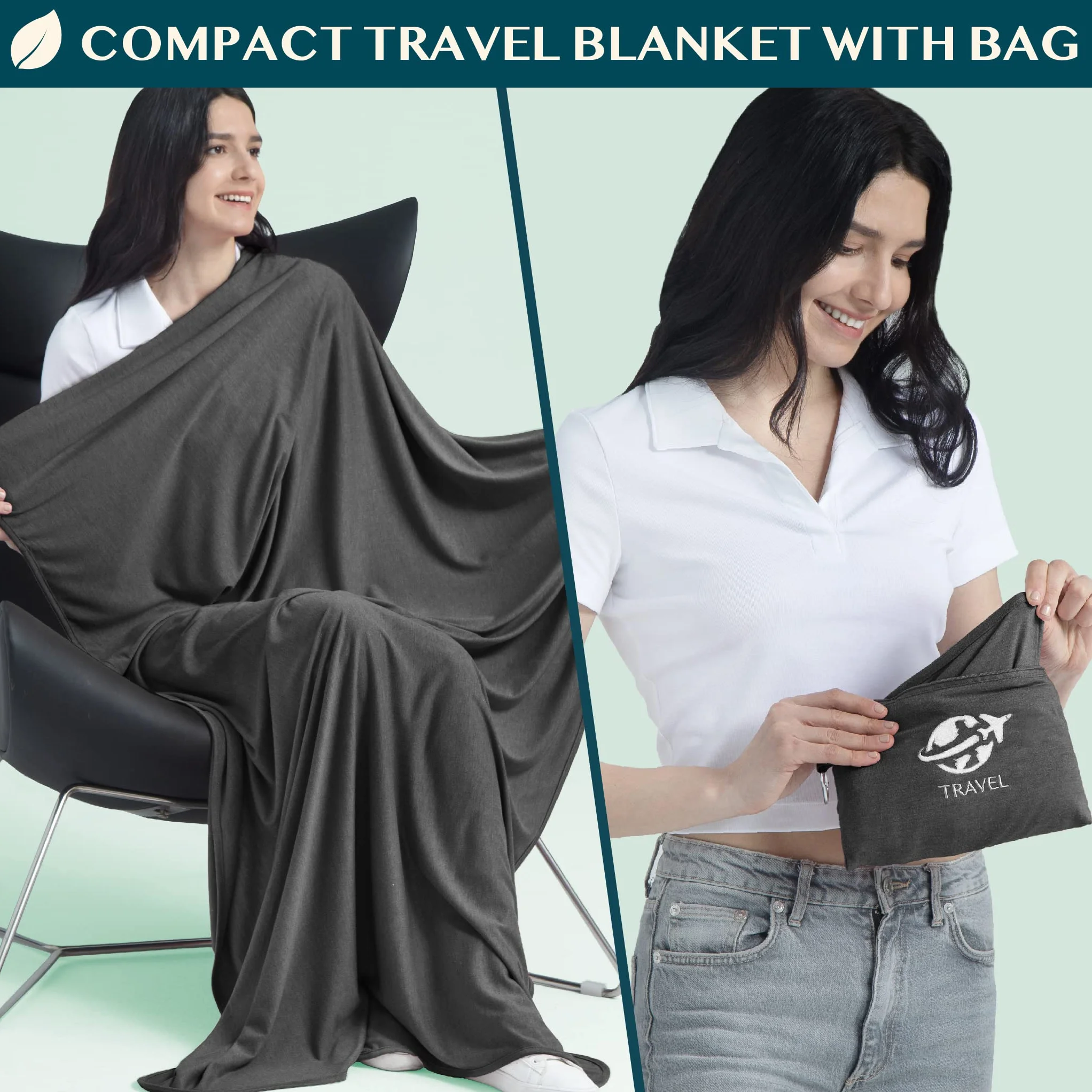 PAVILIA Couverture de Voyage Compacte Sac Pliable en Polaire Douce Ensemble de Coussins Portables Avion Clip Sac à Dos Noir