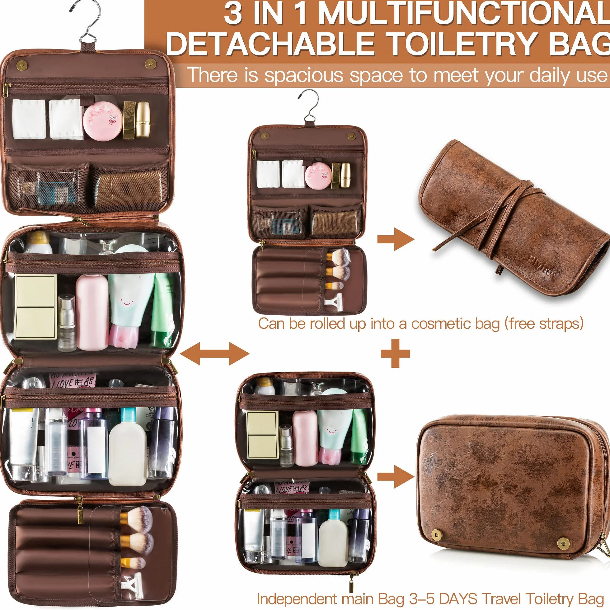 Trousse de Toilette Homme Femme Voyage Grande Capacité Crochet 3 en 1 Maquillage Amovible Cuir PU Imperméable 28 x 22 x 10 cm Marron Foncé