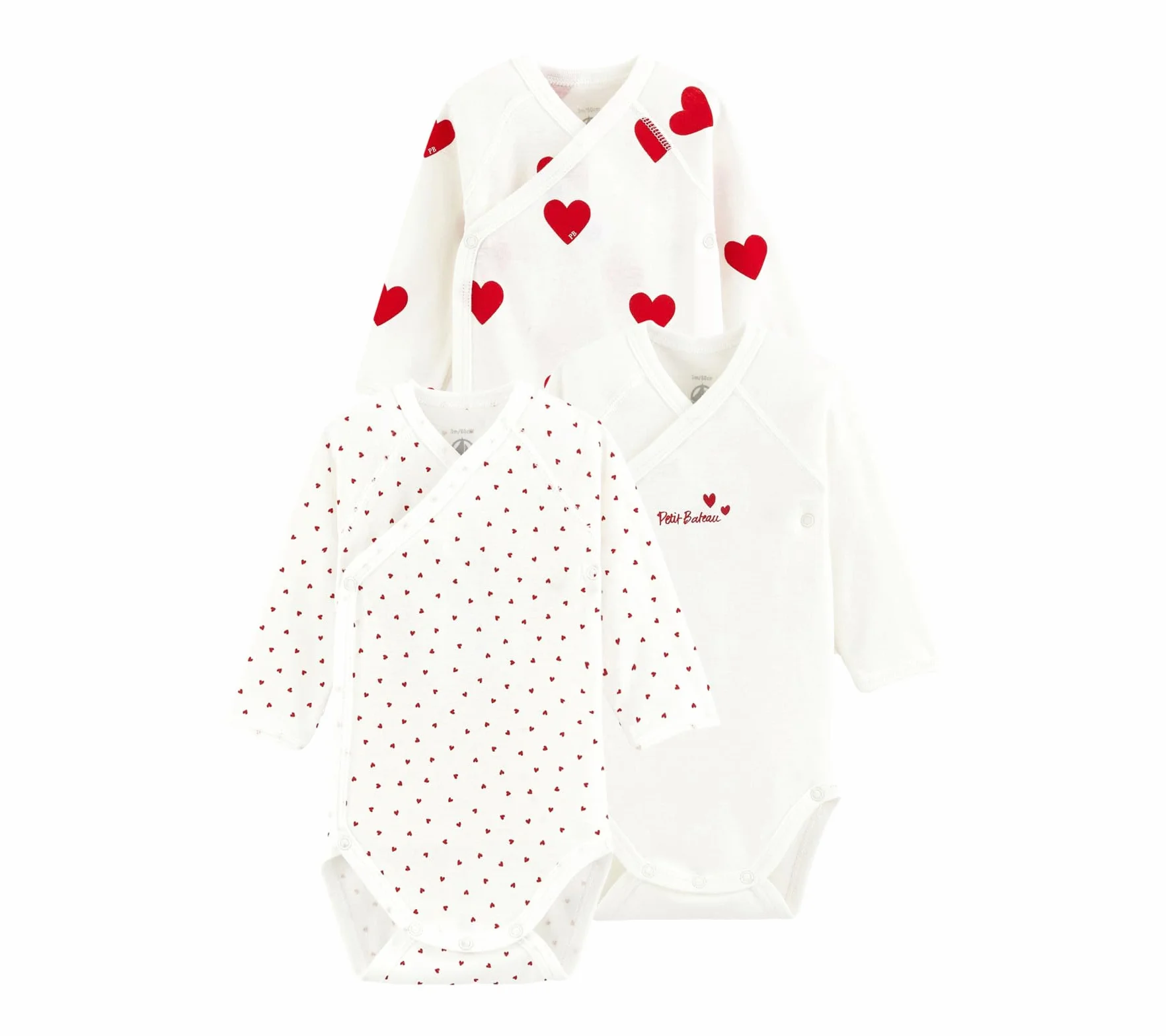 Petit Bateau Lot de 3 Bodies Croisés Cœur Rouge Manches Longues Bébé Coton Biologique
