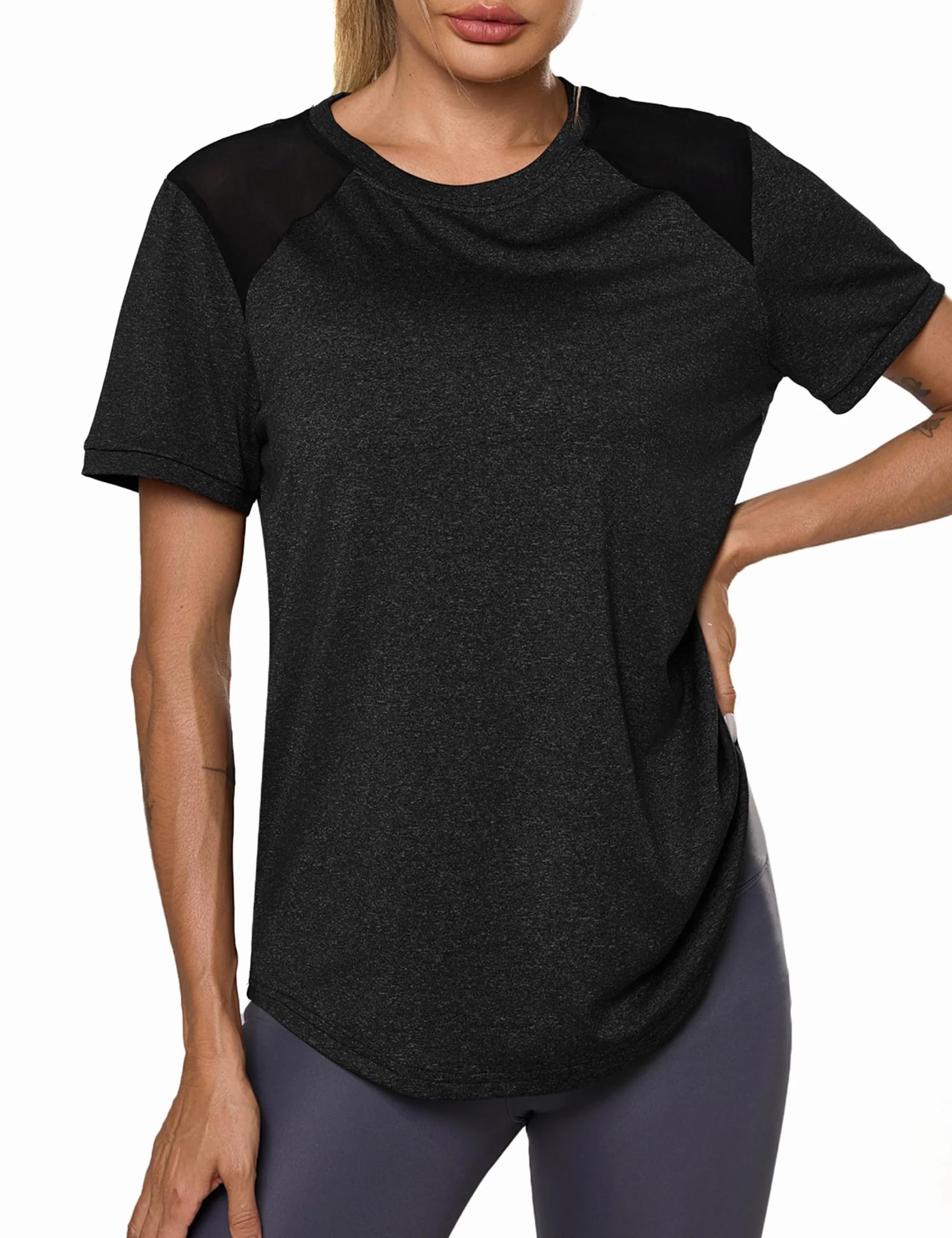 Tee Shirt Sport Femme Dos Mesh Respirant Fitness Yoga T-Shirt Manche Courte Col Rond