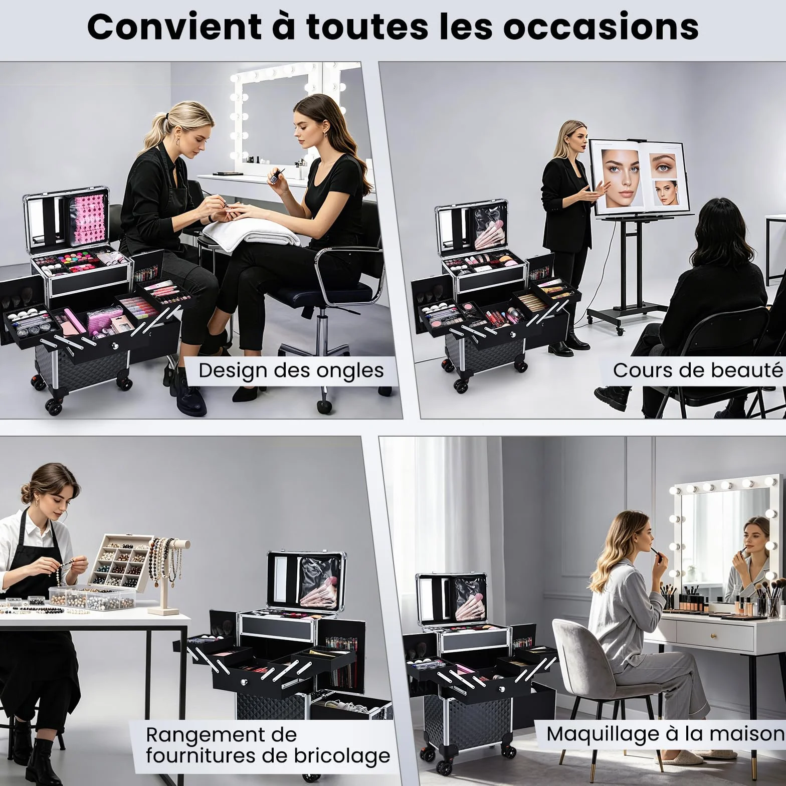 Valise de Maquillage Professionnelle à Roues avec Miroir et Tiroir Coulissant, Noir