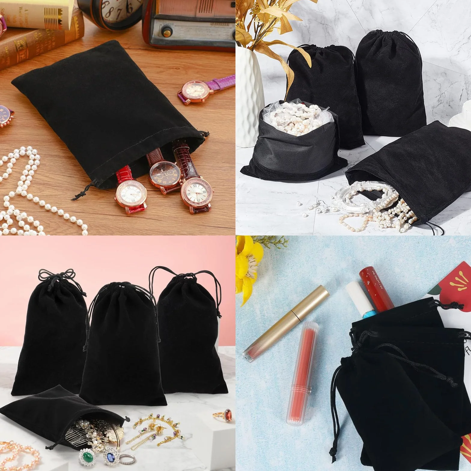 Pochette Velours Noir Pochon Bijoux avec Cordon Rangement Sac 9,5 x 14,5cm