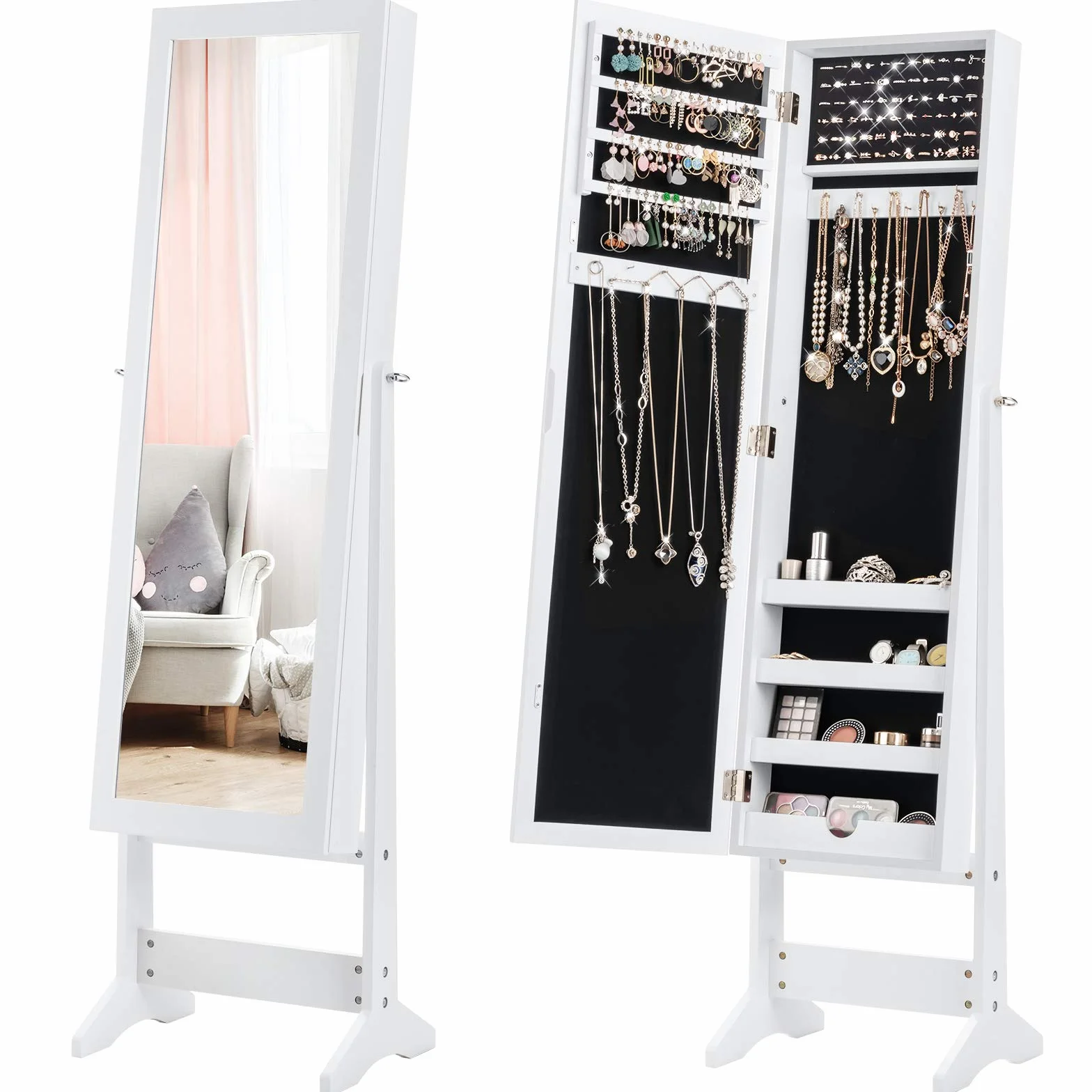 COSTWAY Armoire à bijoux sur Pied avec Miroir Psyché Coffre de Rangement Cosmétiques, 3 Positions Réglables, Blanc