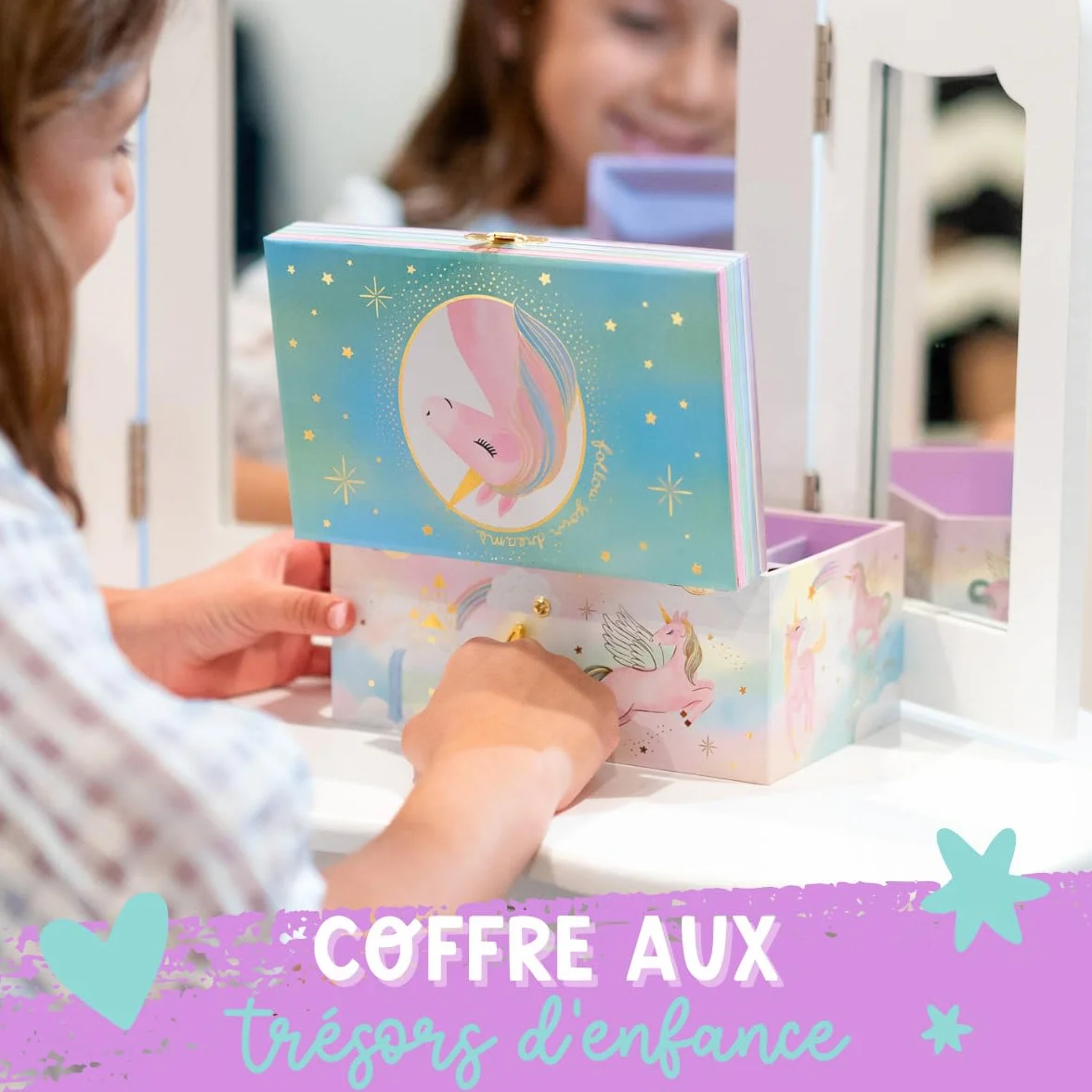 Boîte à Bijoux Musicale Licorne pour Filles avec Miroir, Cadeau Enfants 3-10 ans