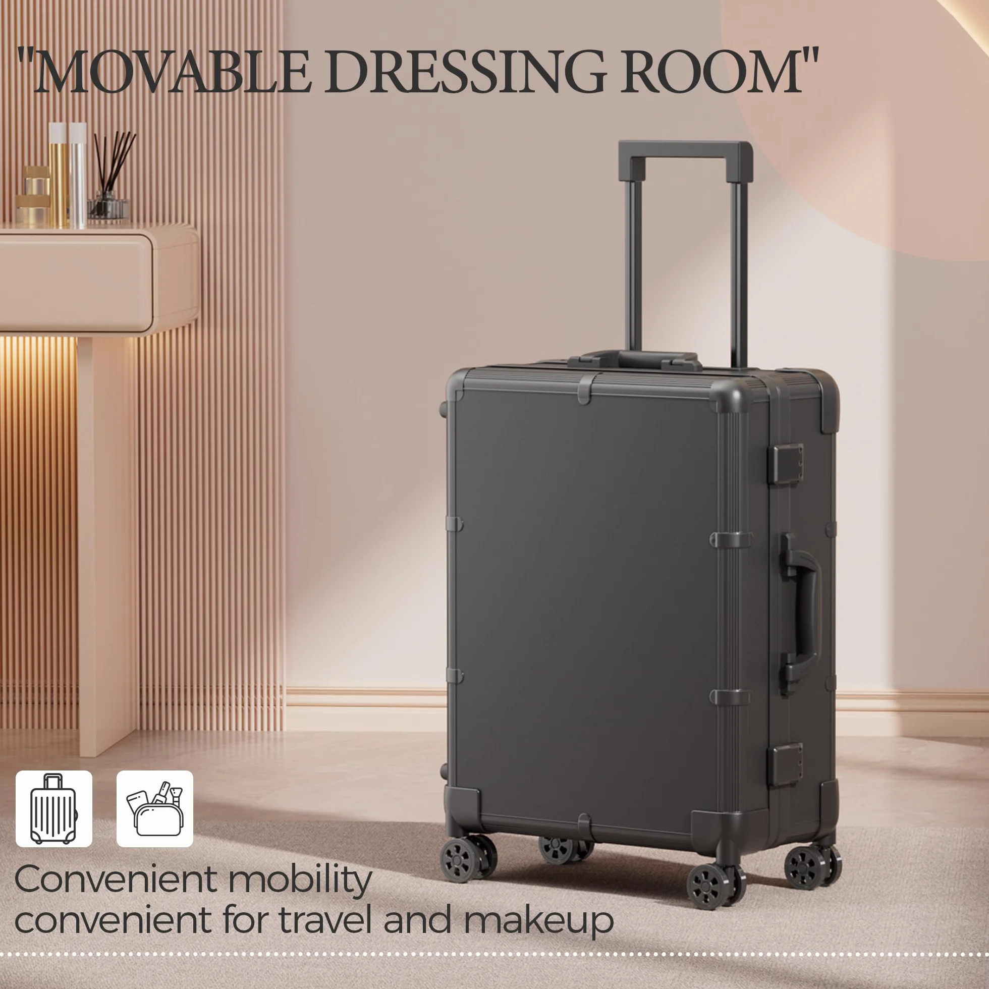 Valise de Maquillage à Roulettes en Aluminium avec Grand Miroir et Serrure à Code, Pliable pour Voyage et Studio