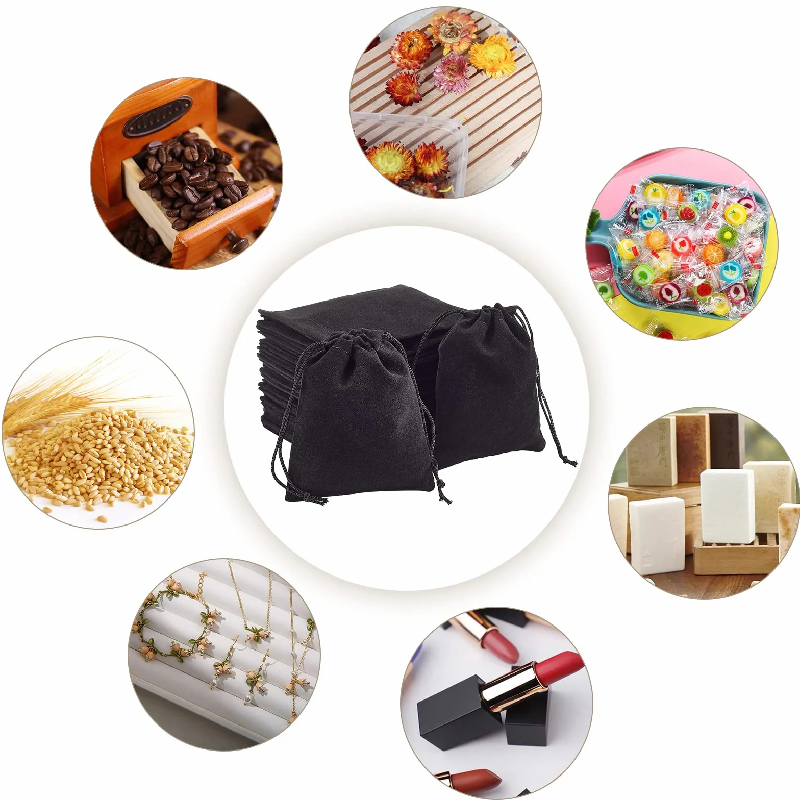 Cordon de Serrage En Velours pour Sacs Bijoux Pochettes À Dragées, Noir, 8.5 × 7 cm