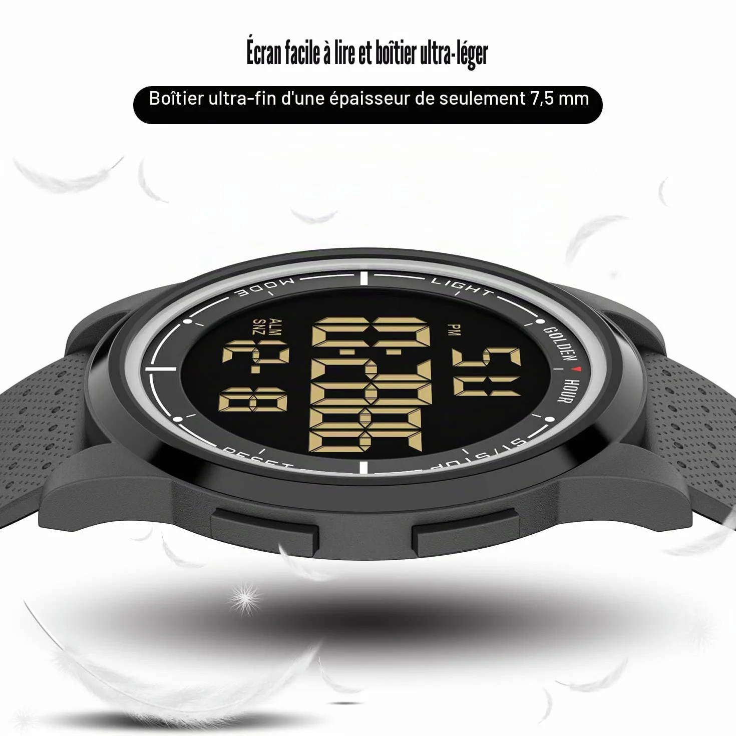 GOLDEN HOUR Montre Digitale étanche Ultra-Mince pour Hommes avec Affichage Grand Angle Bracelet en Caoutchouc
