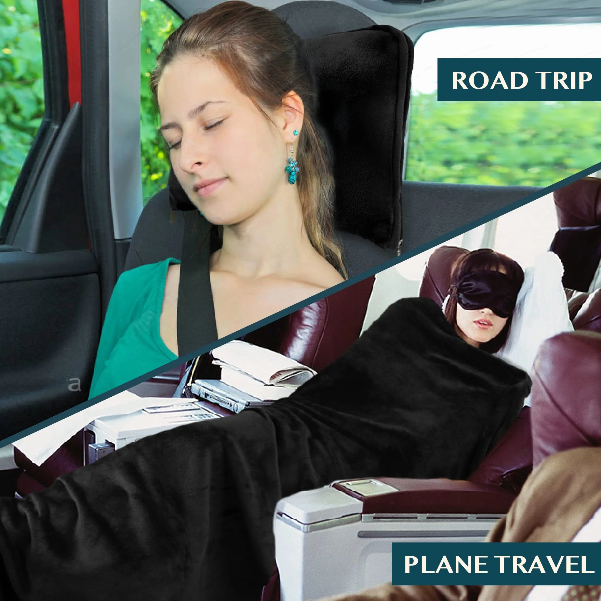 PAVILIA Travel Blanket Pillow 2-in-1 Combo Set, Compact Packable Plane Blanket, Flight Essentials Car Pillow, 60x43 Black