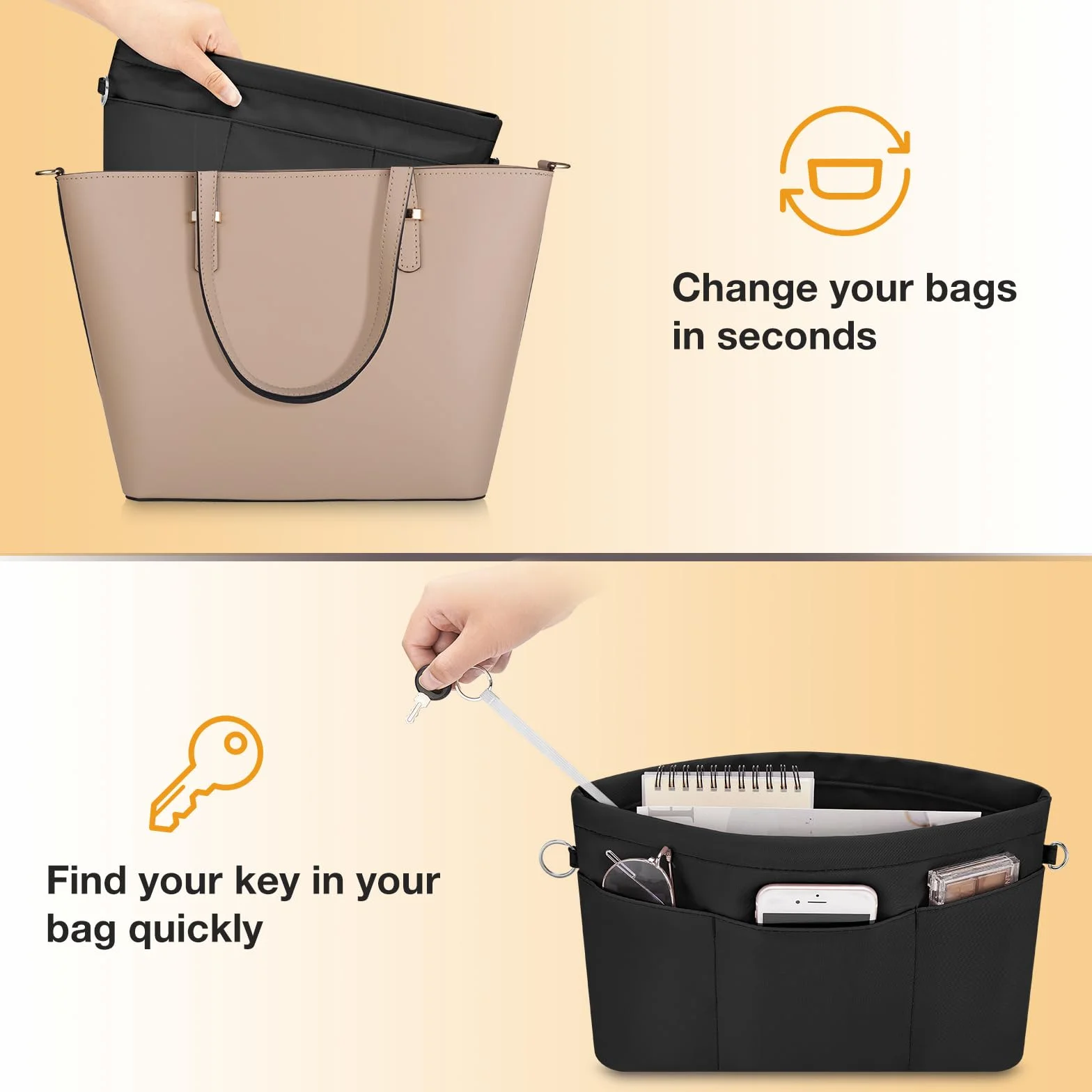 Organiseur de Sac à Main en Nylon Imperméable avec Fermeture éclair Noir Petit
