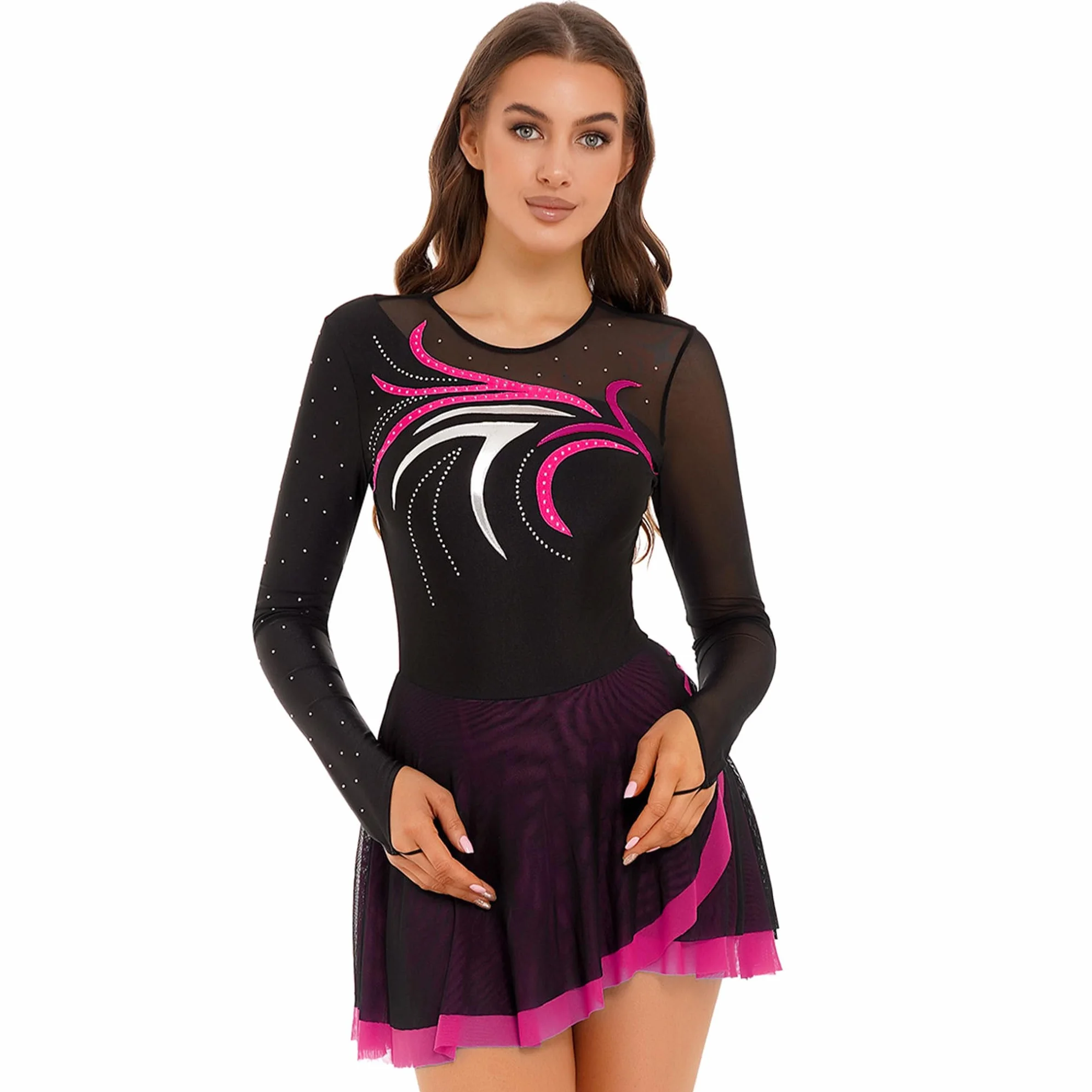 Robe Patinage Artistique Gymnastique Femme Justaucorps Danse Strass Manches Longues S-XXL