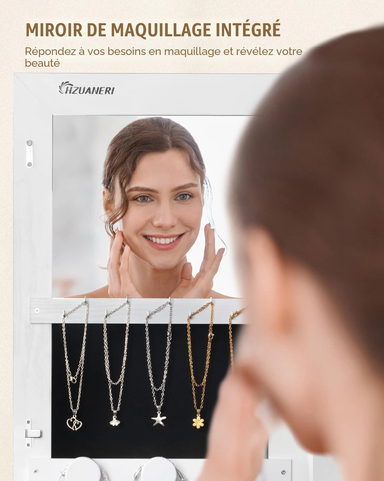 Hzuaneri Armoire à Bijoux 175cm Organisateur de Bijoux sur Pied avec Miroir Verrouillable 8 LEDs 4 Roues Blanc et Noir