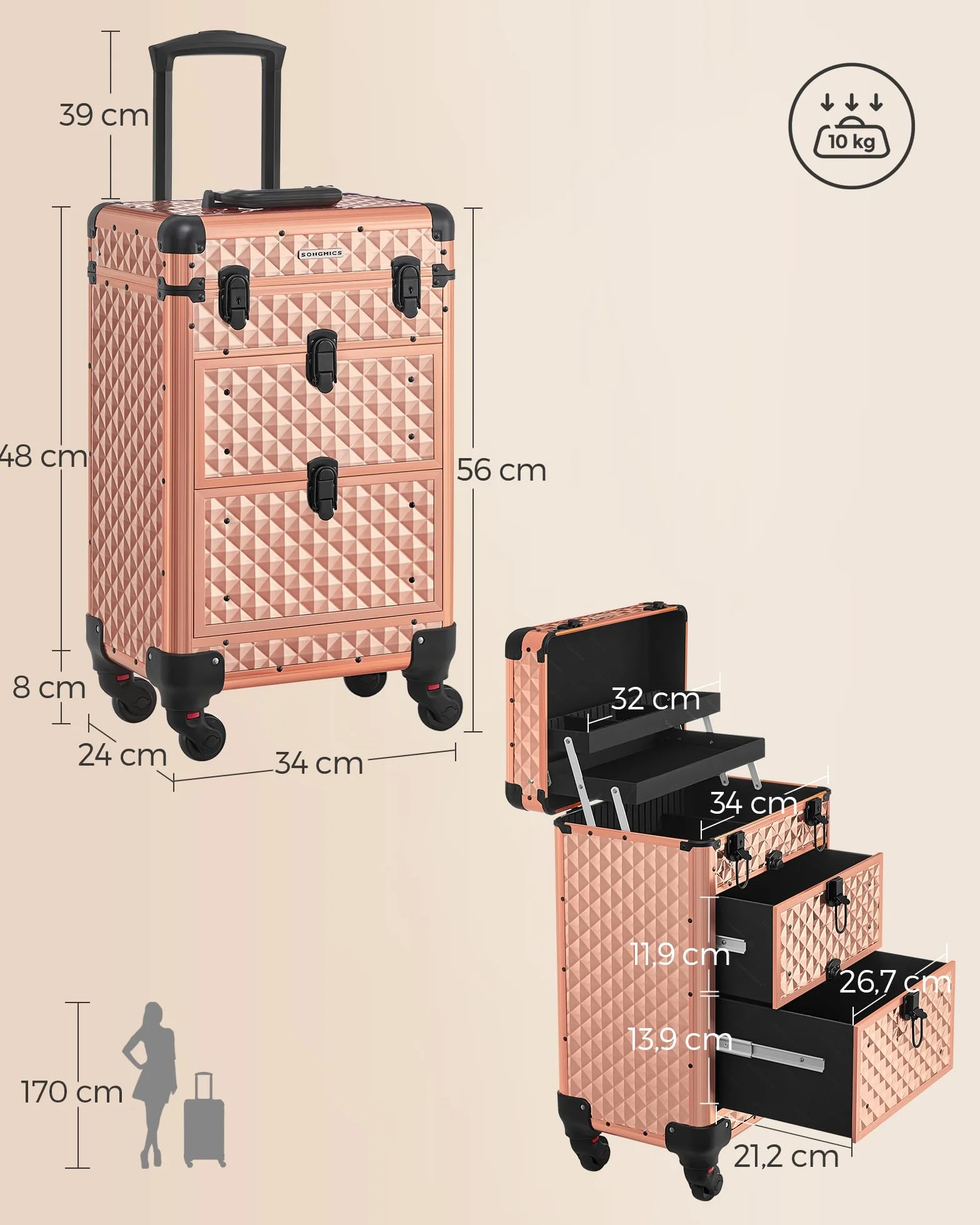 SONGMICS Valise de Maquillage Professionnel, 2 Tiroirs, 34 x 24 x 56 cm, Roulette 360°, Doré Champagne