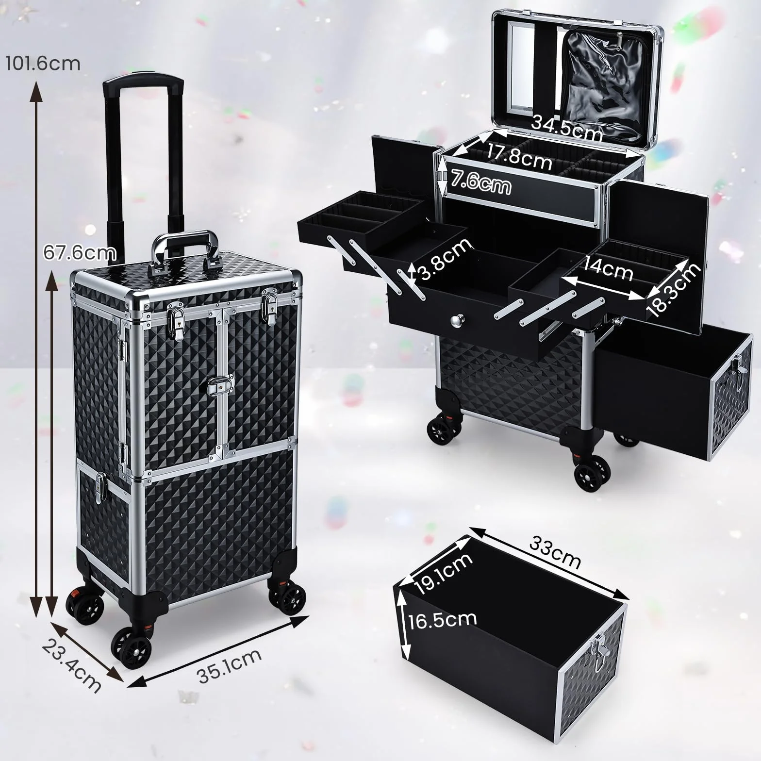 Valise de Maquillage Professionnelle à Roues avec Miroir et Tiroir Coulissant, Noir