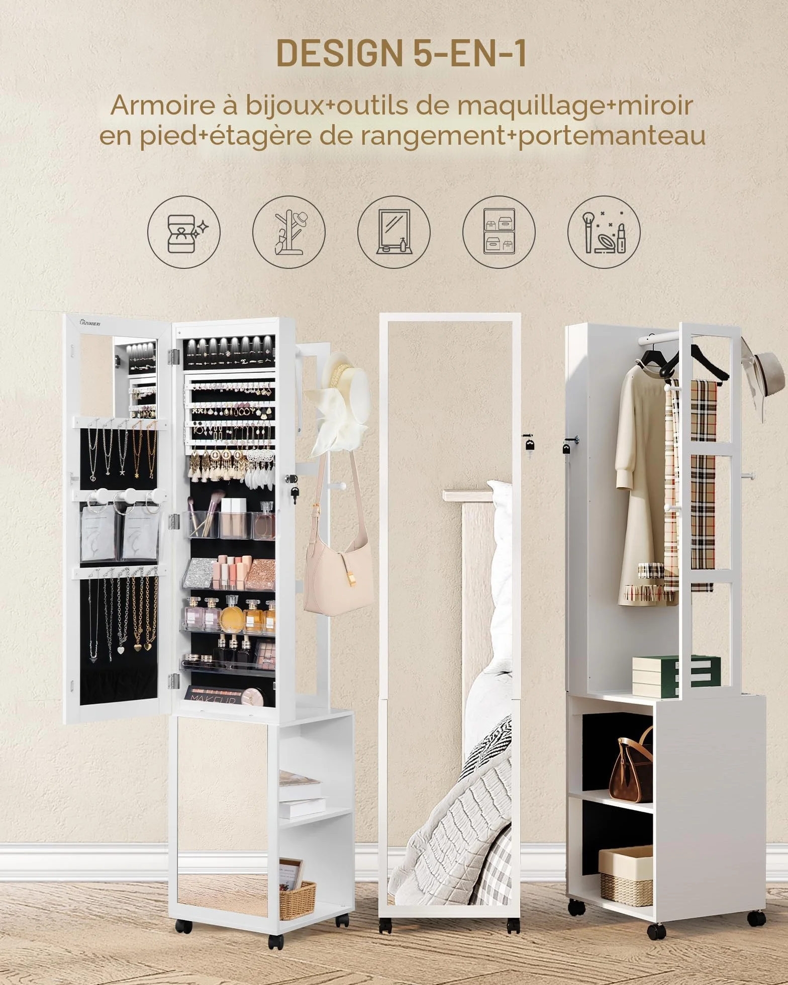 Hzuaneri Armoire à Bijoux 175cm Organisateur de Bijoux sur Pied avec Miroir Verrouillable 8 LEDs 4 Roues Blanc et Noir