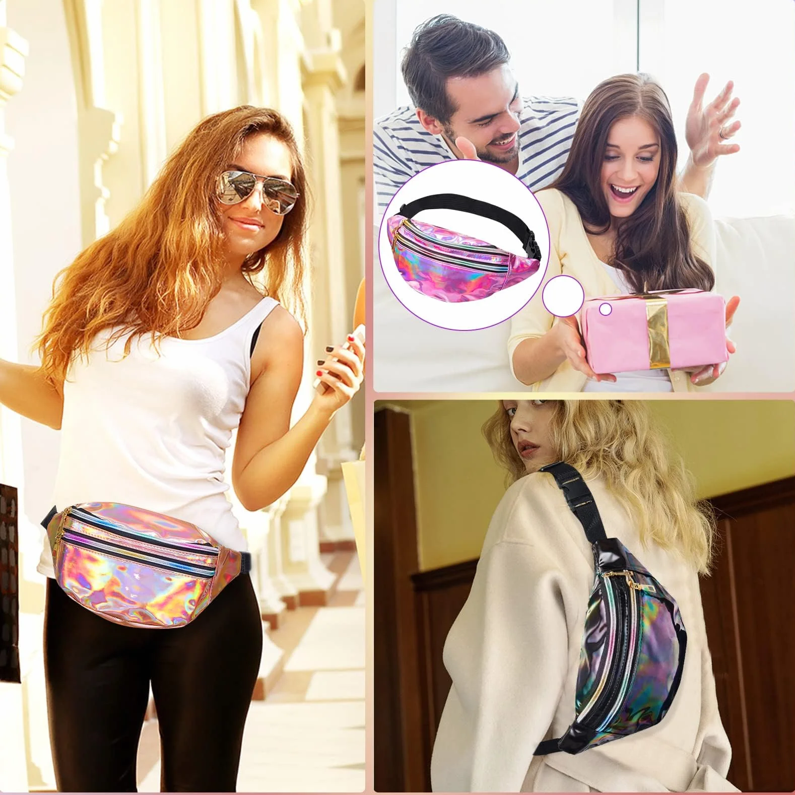 JunD Sac Banane Femme Cuir PU Holographique Années 80 90 pour Festivals Randonnée Course à Pied 2 Pack Argent Rose
