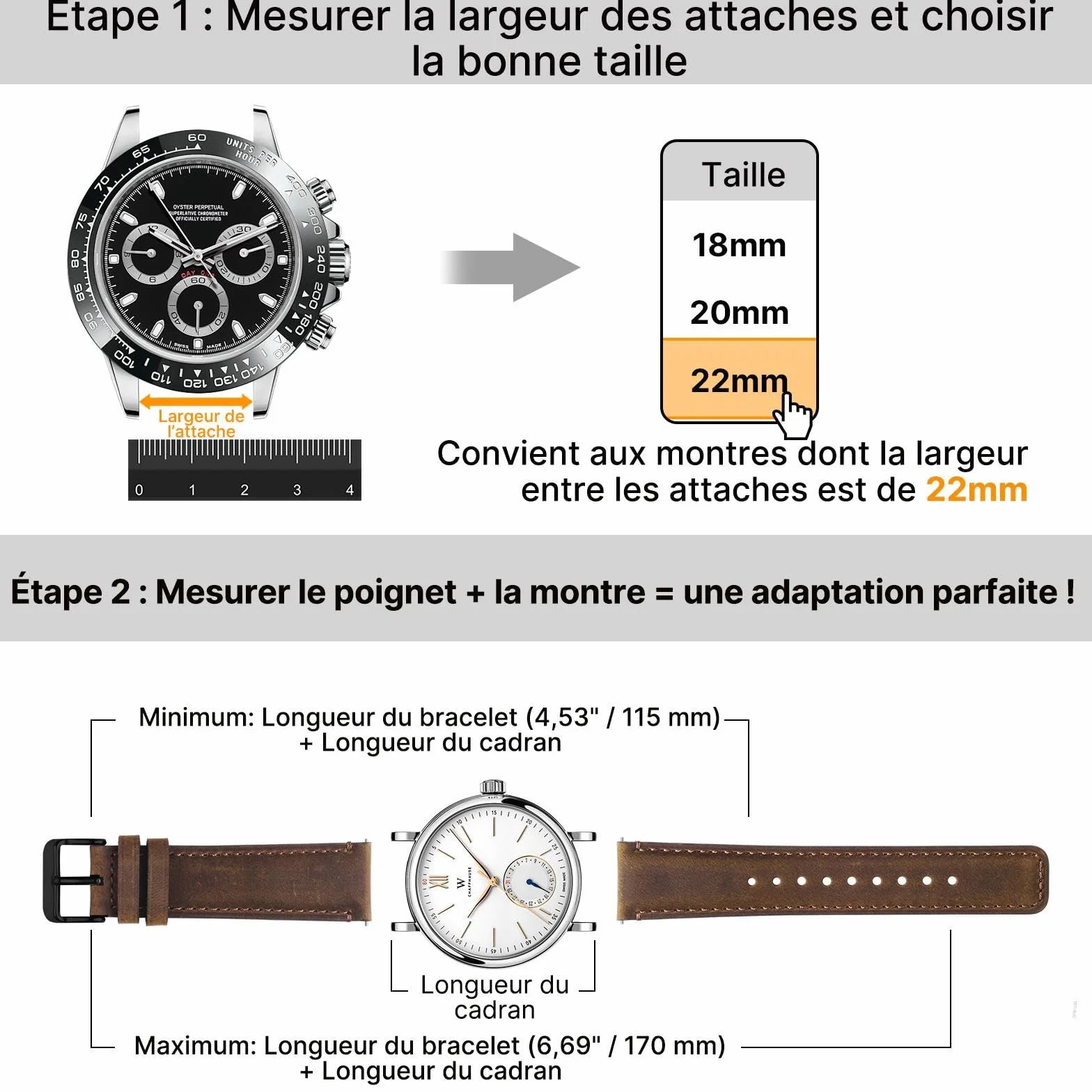 Fullmosa Lot de 2 bracelets de montre en cuir véritable 22mm, Changement rapide pour homme et femme avec fermoir en acier inoxydable compatible Samsung Gear S3 Frontier Garmin Venu 3