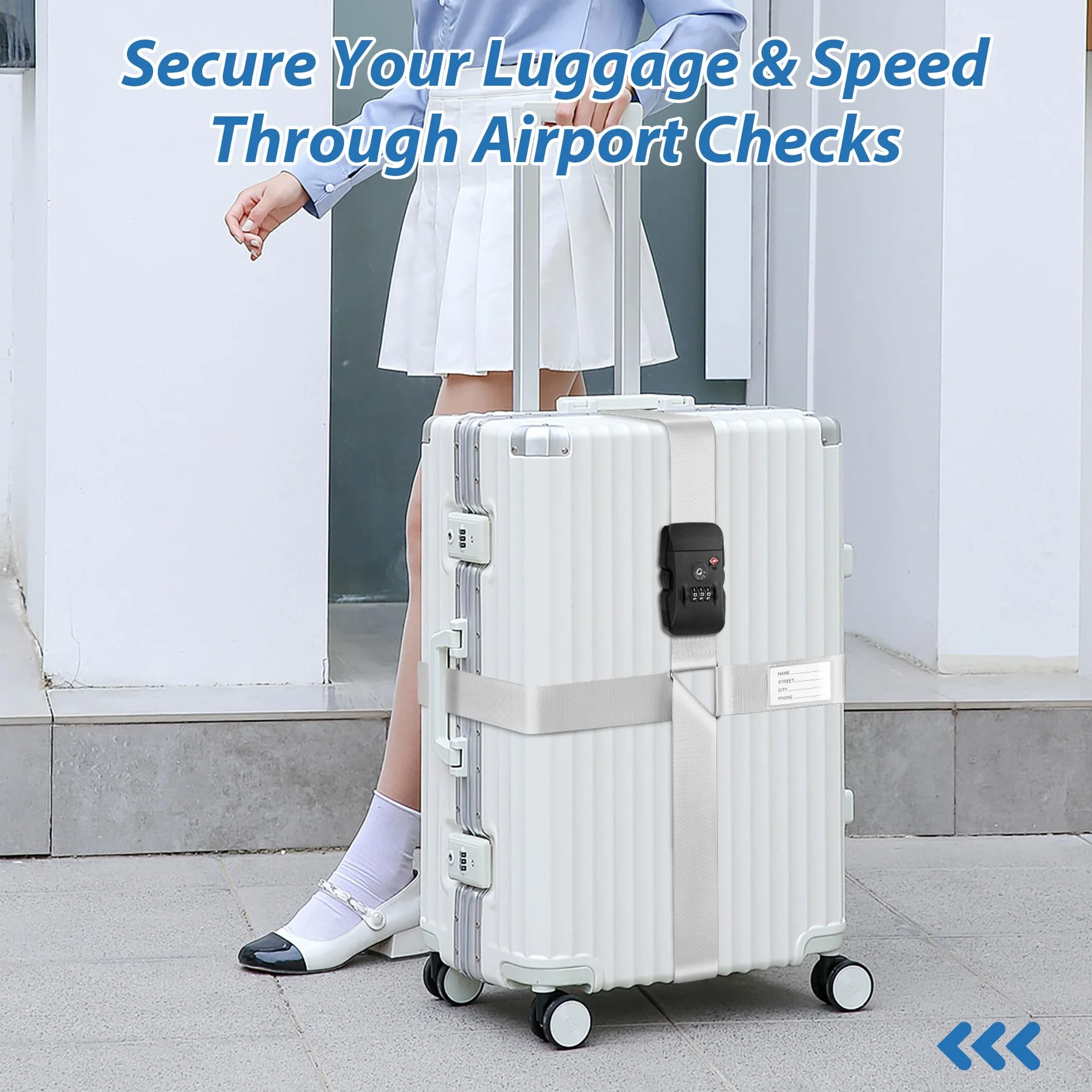 Sangles de Bagages Croisées avec Serrure TSA et Étiquette Nominative, Accessoires de Voyage Visibles et Sécurisés (Argent)